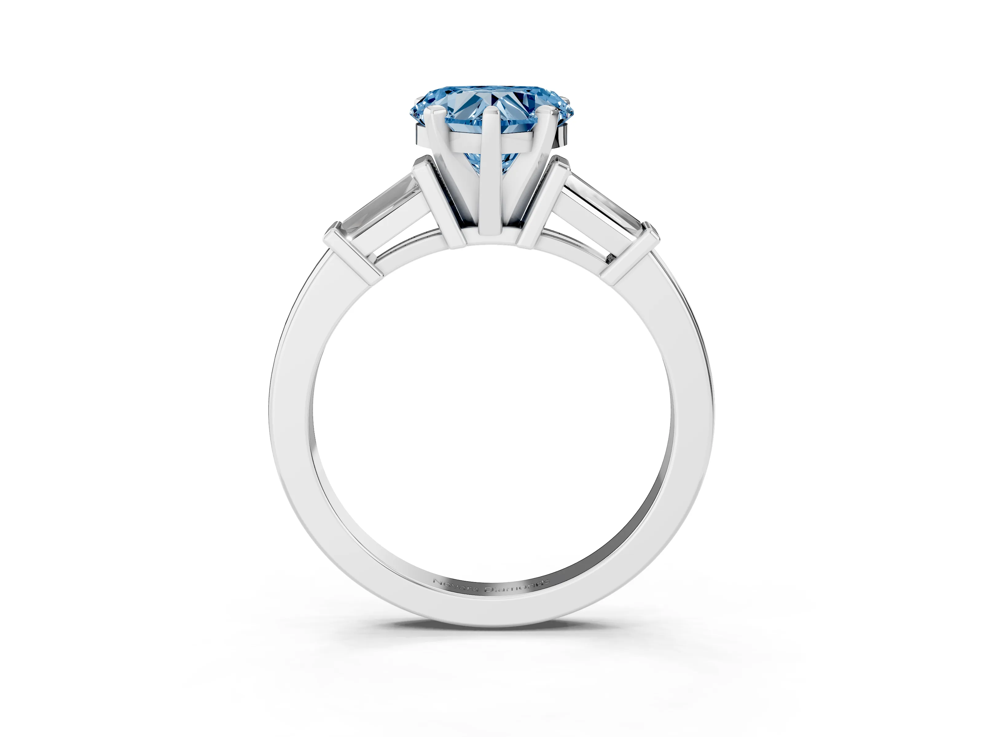 Fancy Blue Heart Cut Diamond Solitaire Ring Set in Silver with Tapered Baguette Accents and Prong Setting