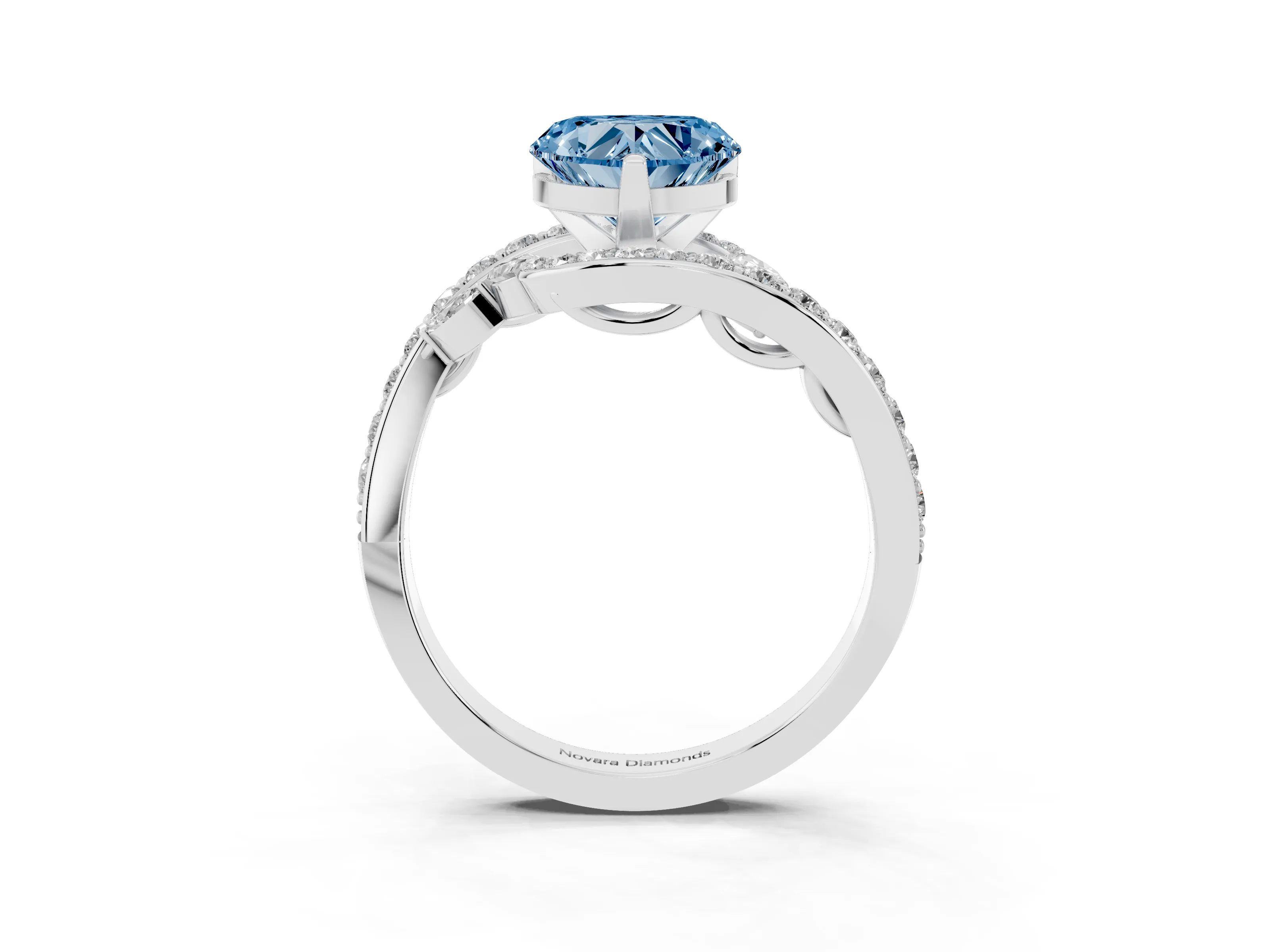 Fancy Blue Heart Cut Diamond Solitaire Ring Set in White gold with Pavé Twist Band and Secure Prong Setting