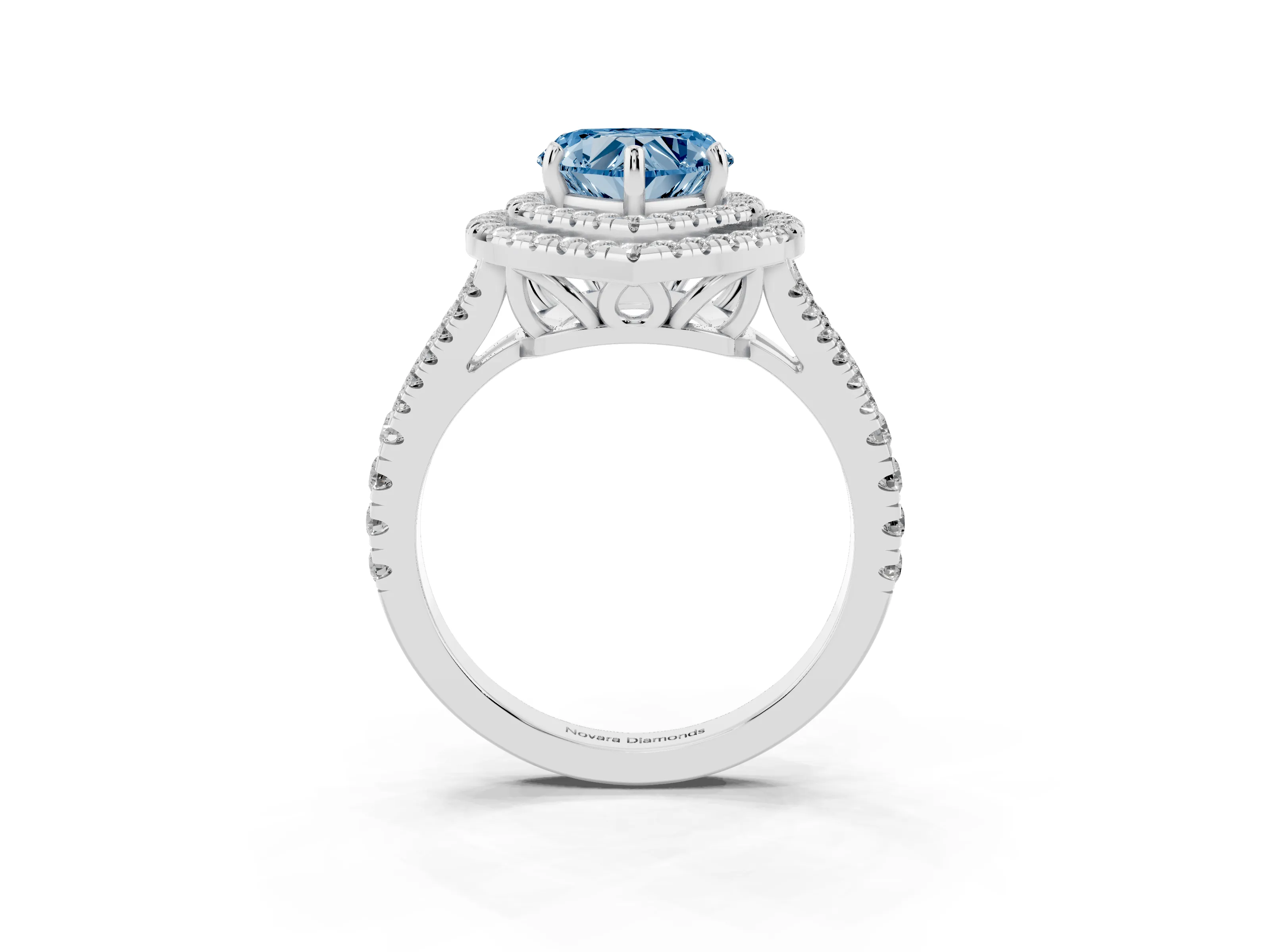 Fancy Blue Heart Cut Diamond Double Halo Ring Set in Silver with Pavé Band