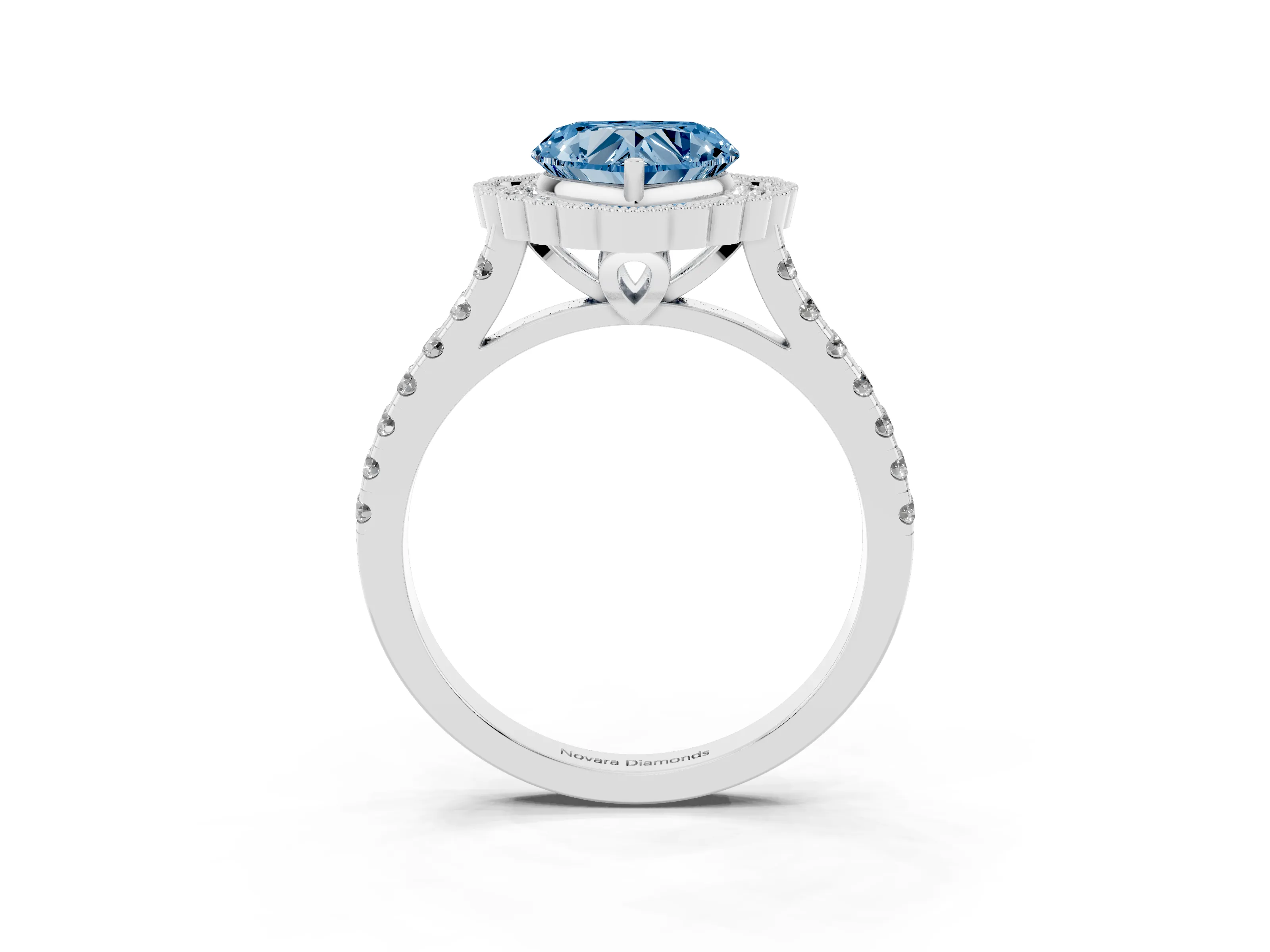 Fancy Blue Heart Cut Diamond Milgrain Floral Halo Engagement Ring Set in Platinum with Pavé Band