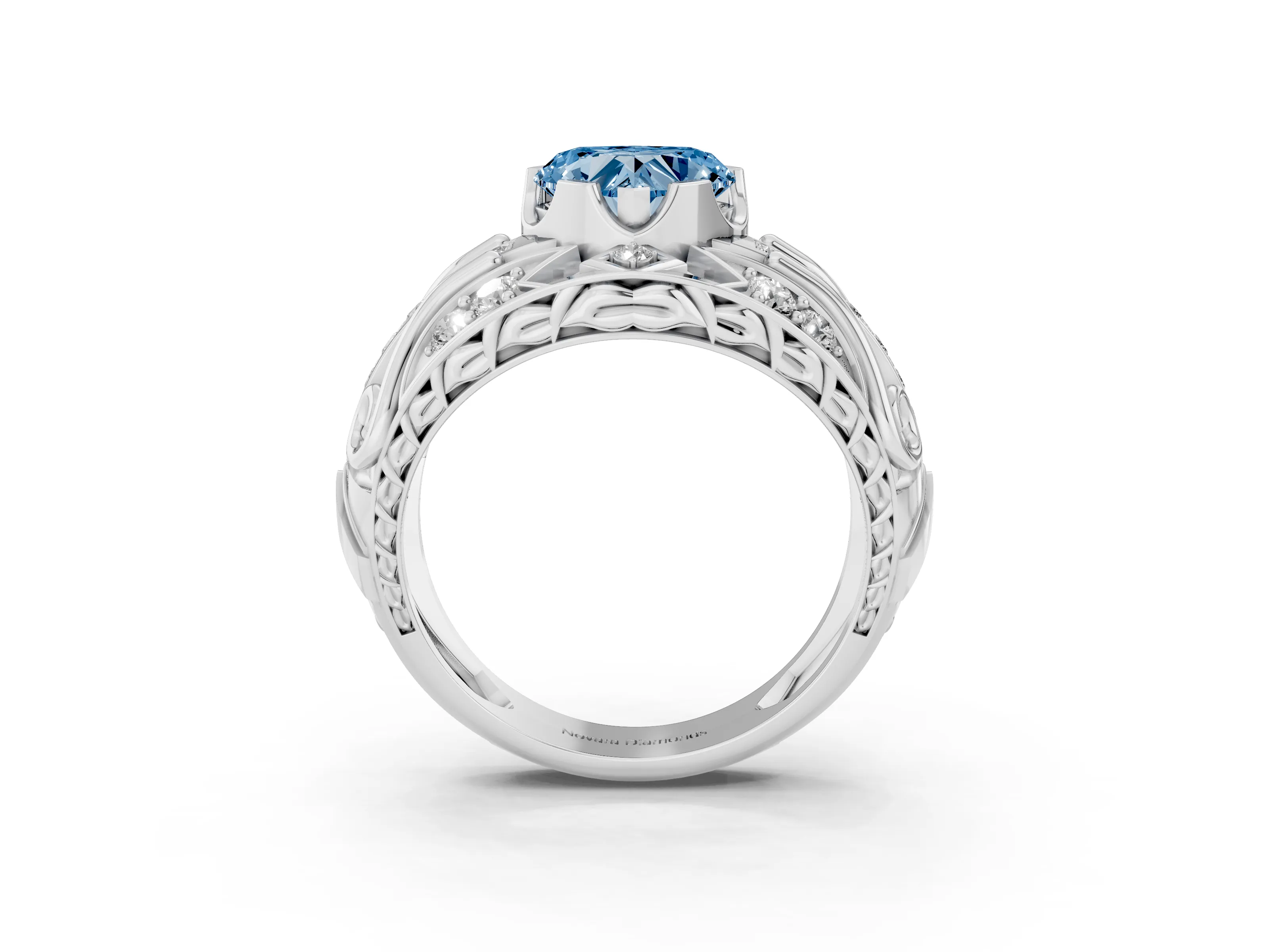 Fancy Blue Heart Cut Diamond Art Deco Ring Set in Platinum with Pavé Split Shank