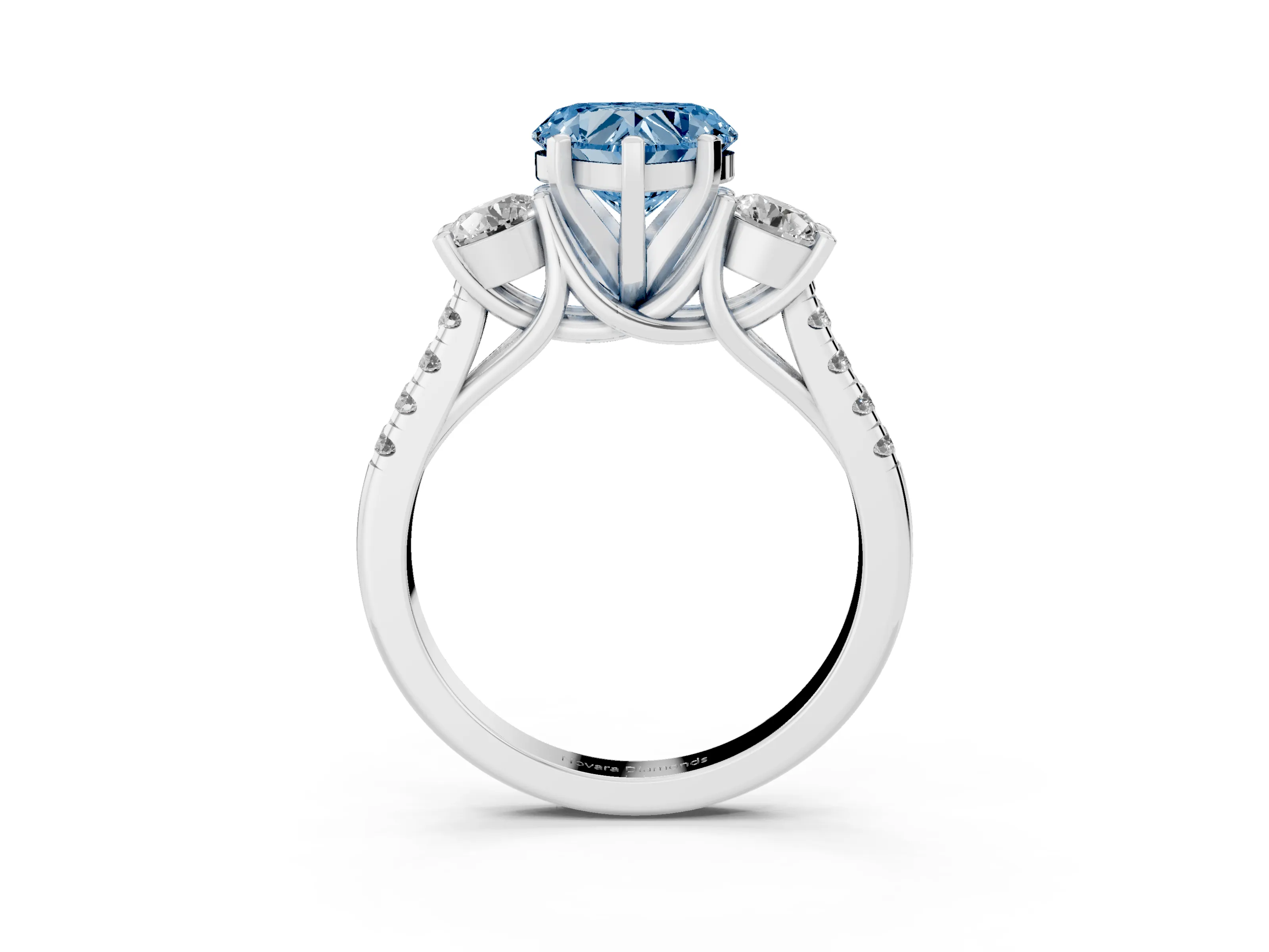 Fancy Blue Three-Stone Heart Cut Diamond Pavé Band Ring Set in Silver with Prong-Set Trio
