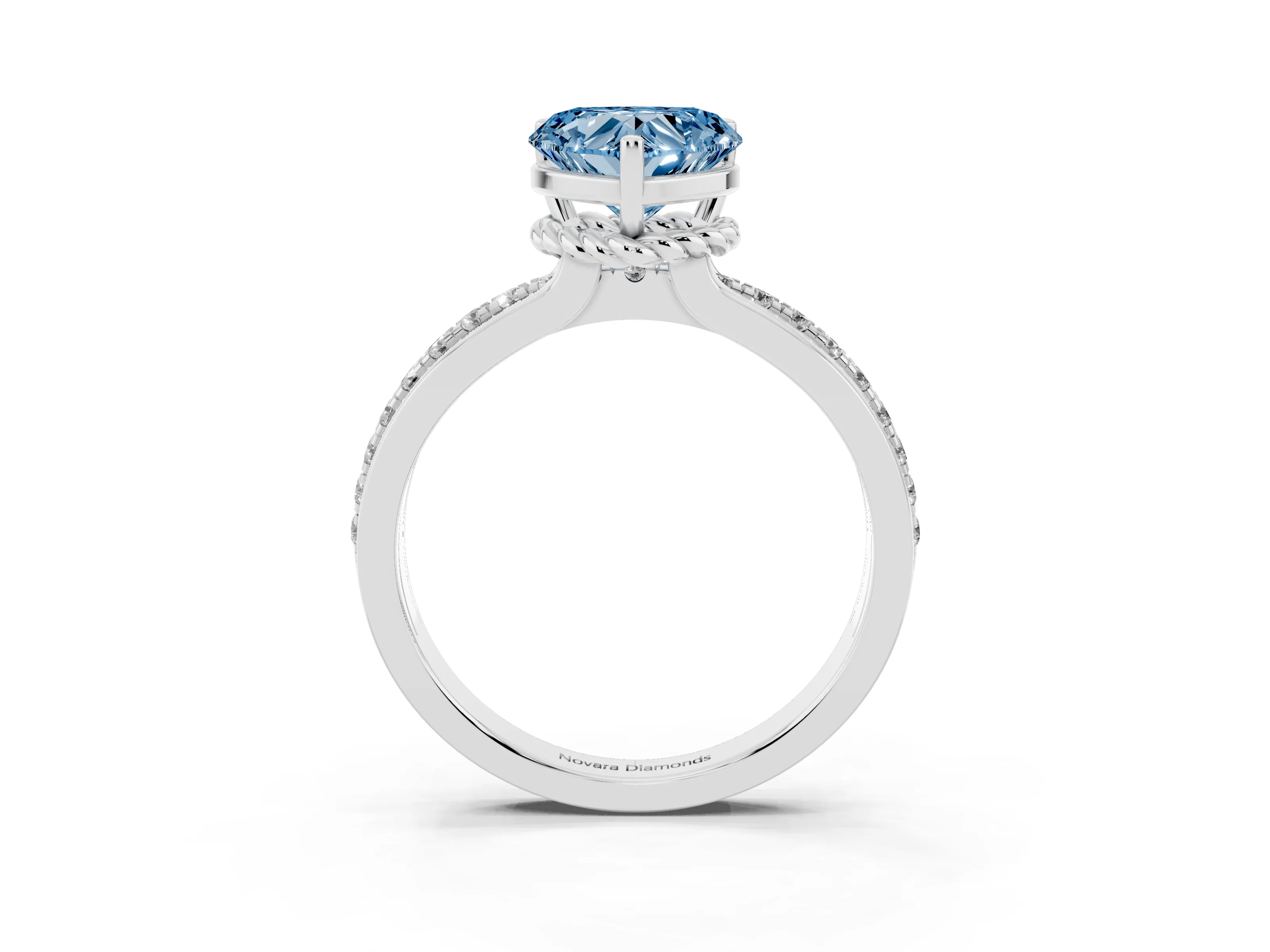 Fancy Blue Heart Cut Diamond Solitaire Ring Set in White gold with Channel Set Band and Prong Setting
