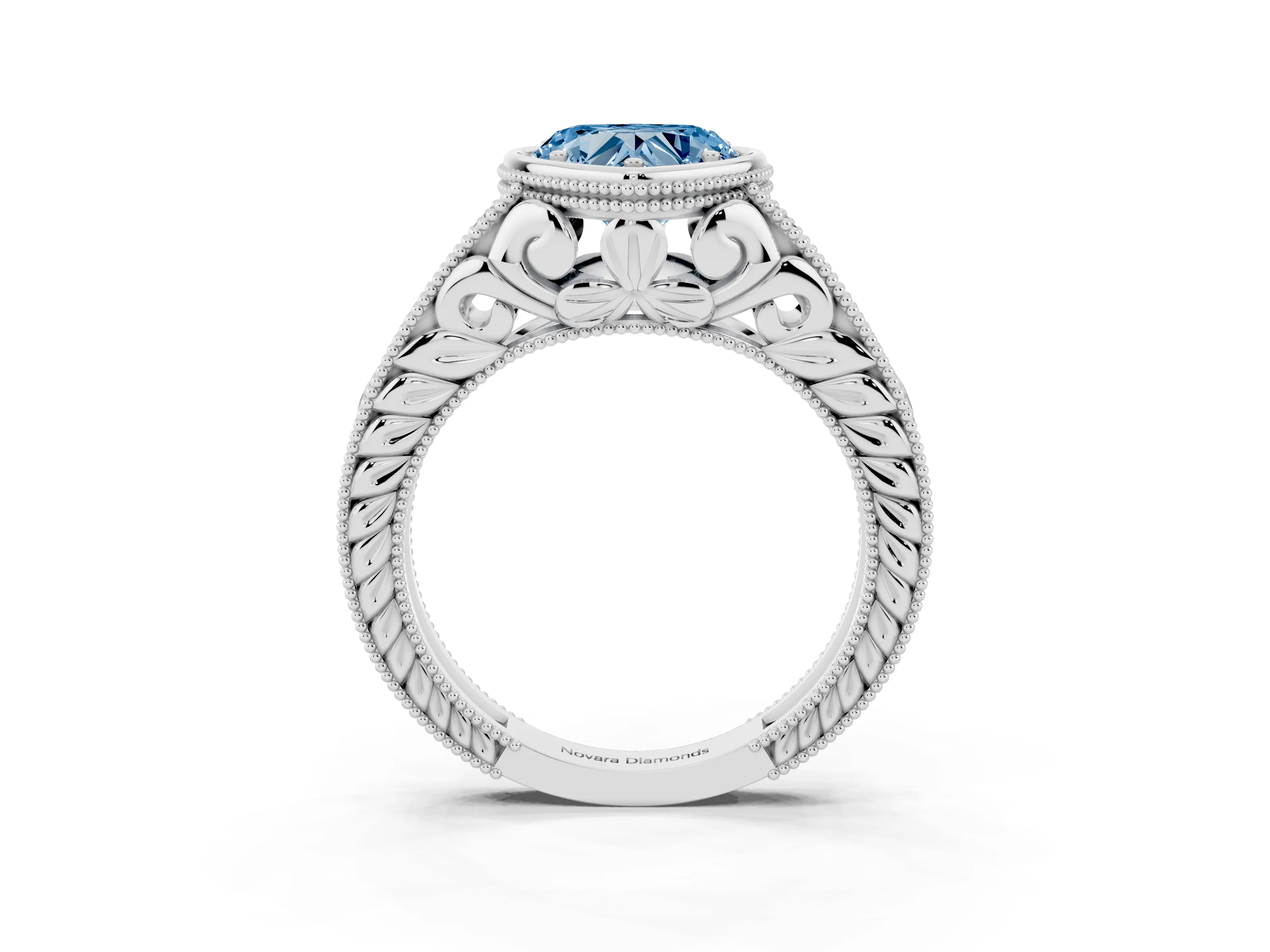 Fancy Blue Bezel Set Heart Cut Diamond Milgrain Pavé Engagement Ring Set in Silver