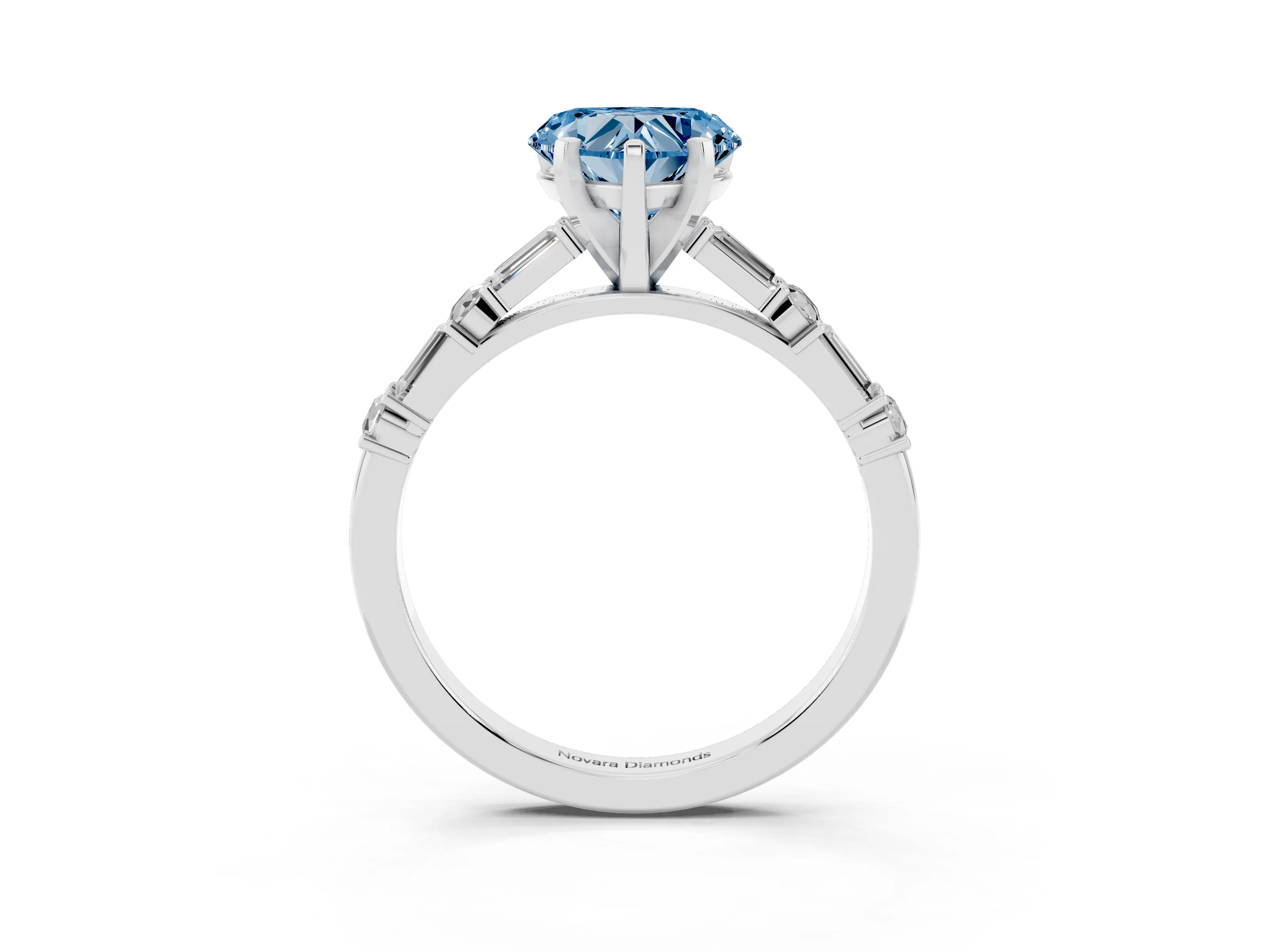 Fancy Blue Heart Cut Diamond Solitaire Set in Platinum with Side Baguettes and Channel Set Band