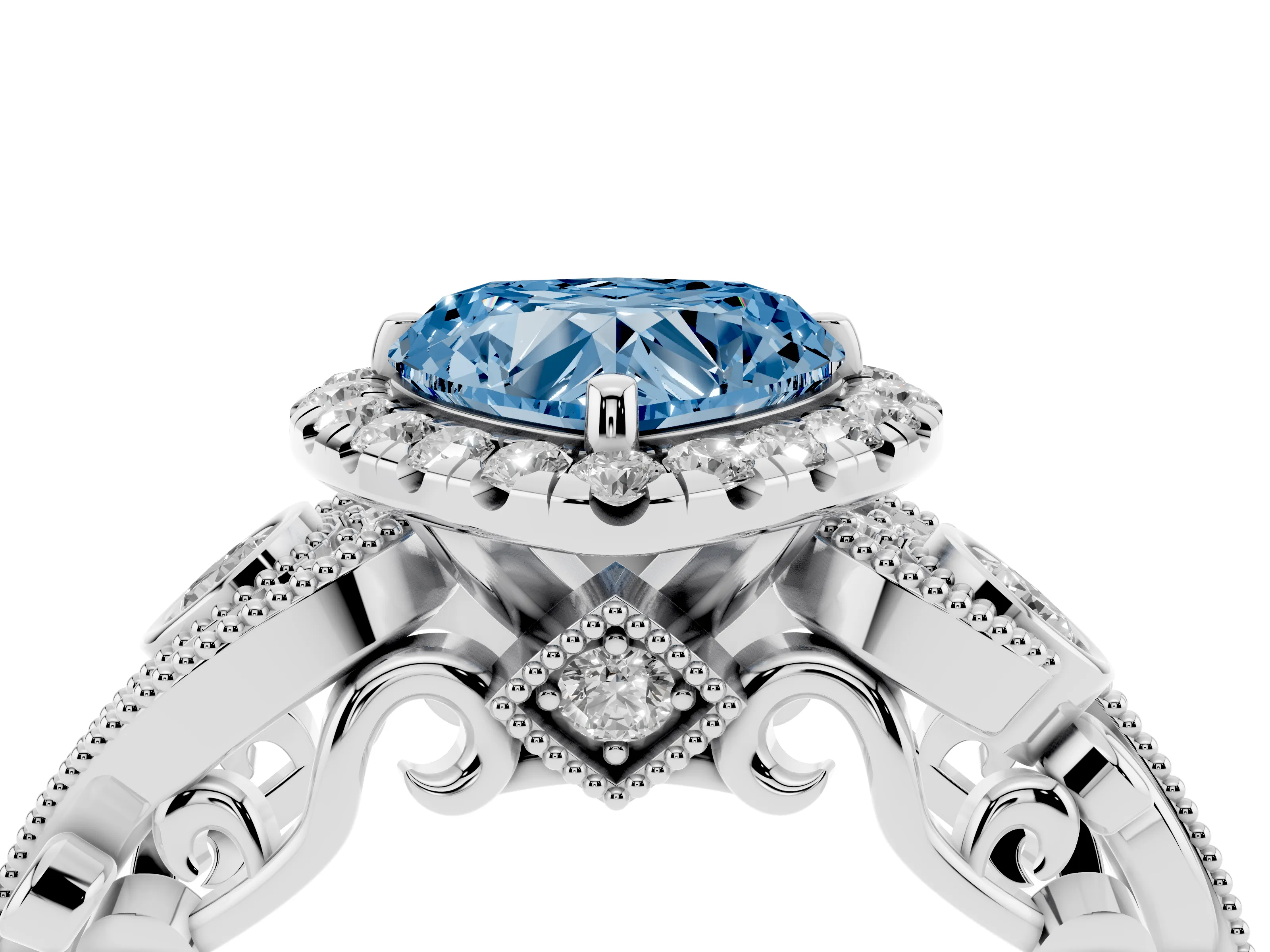 Fancy Blue Heart Cut Diamond Halo Ring Set in White gold with Milgrain Pavé Band and Prong Setting