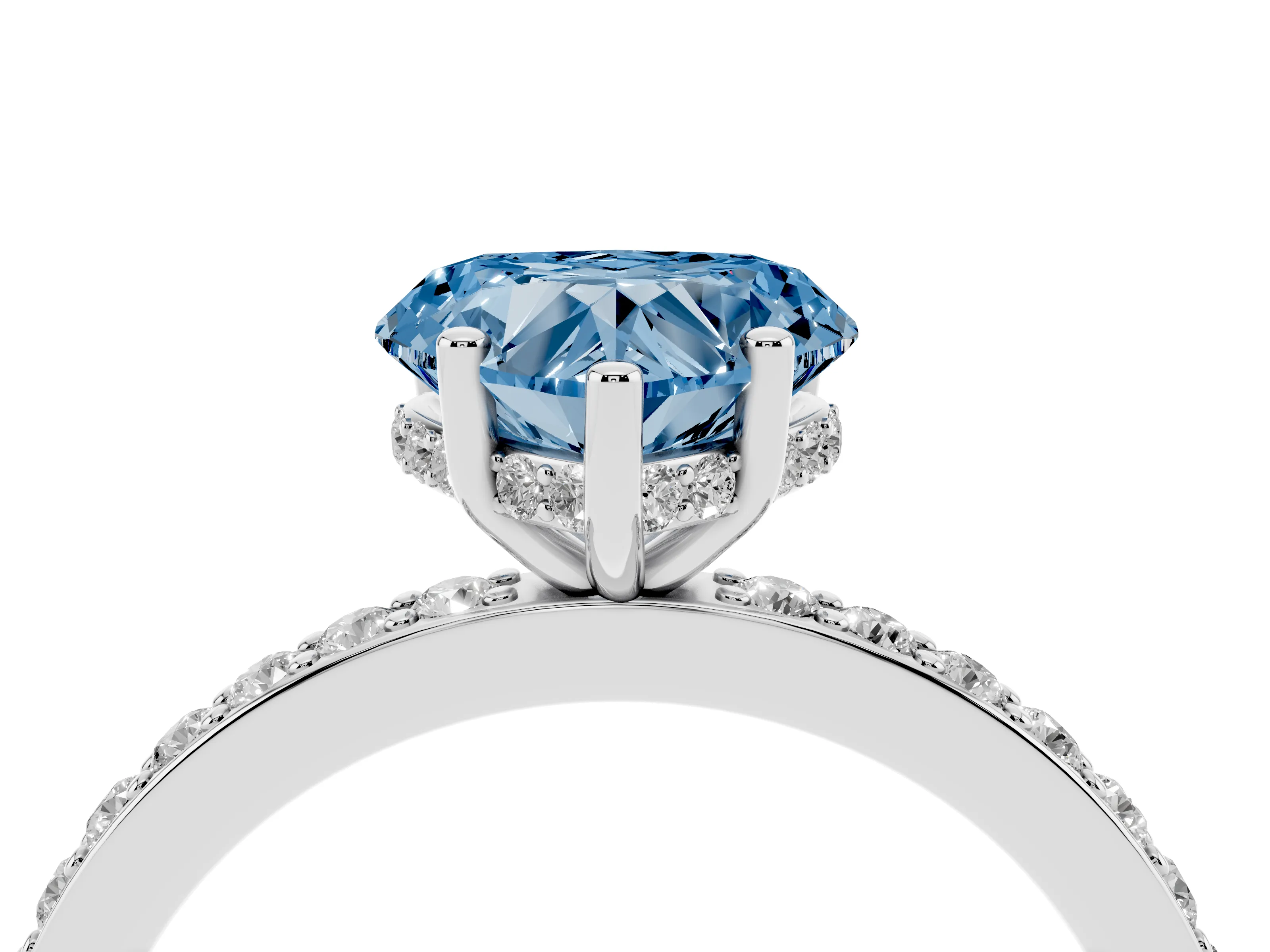 Fancy Blue Heart Cut Diamond Pavé Band Ring Set in White gold with Prong-Set Center Stone