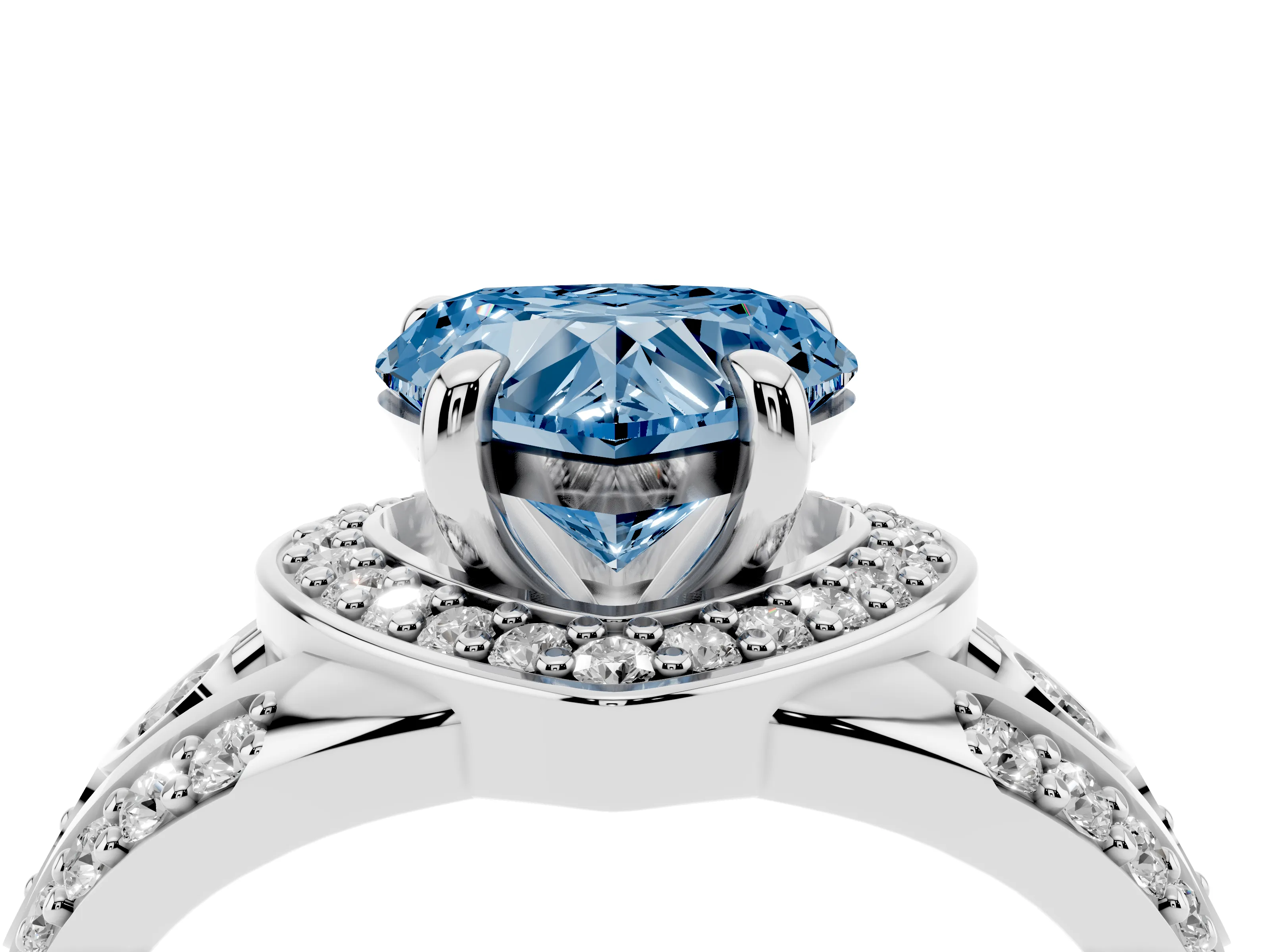 Fancy Blue Heart Cut Diamond Halo Ring Set in Silver with Pavé Split Shank and Bezel Accents