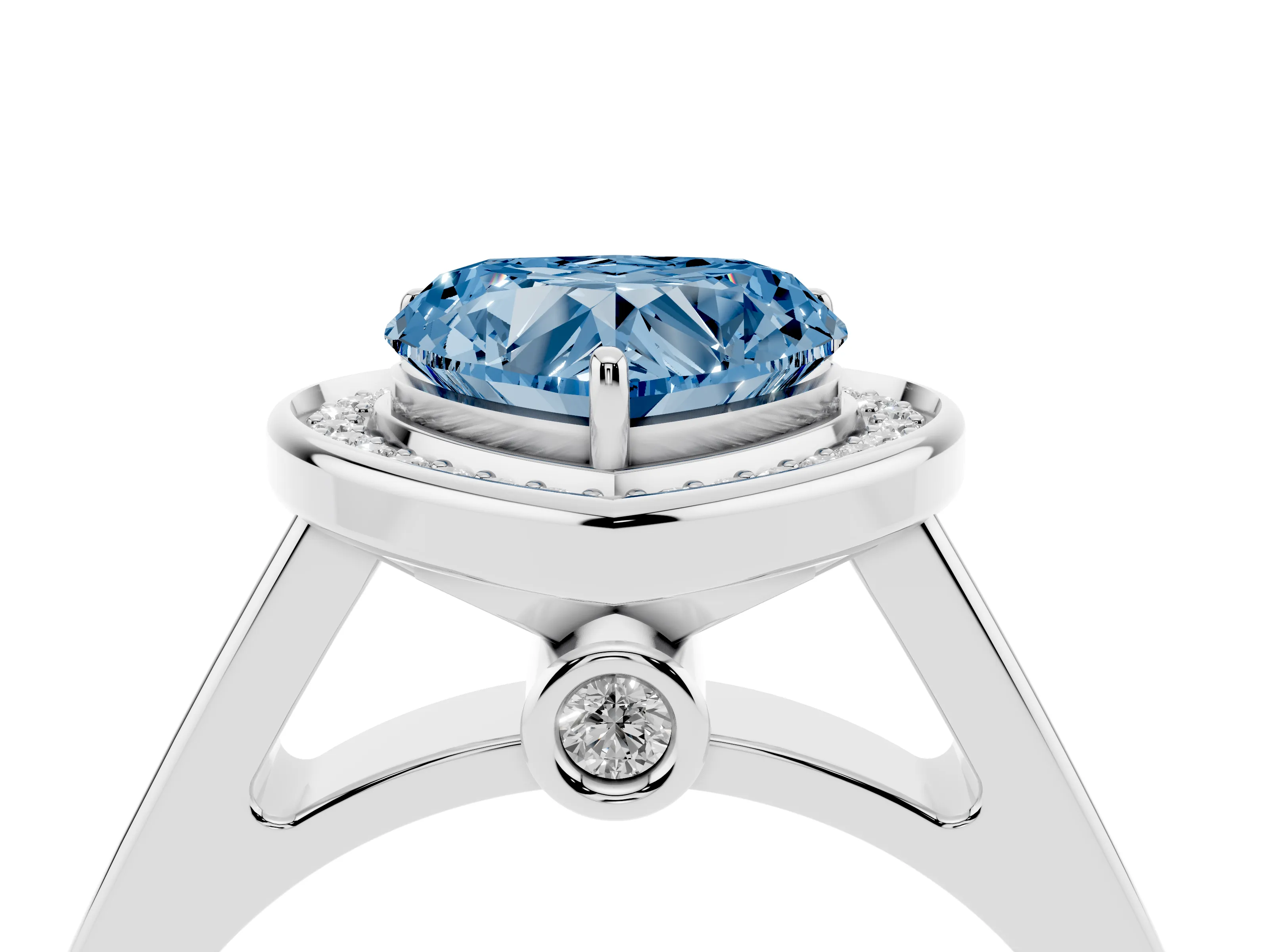 Fancy Blue Heart Cut Diamond Halo Solitaire Ring Set in Platinum with Pavé Band and Bezel Setting