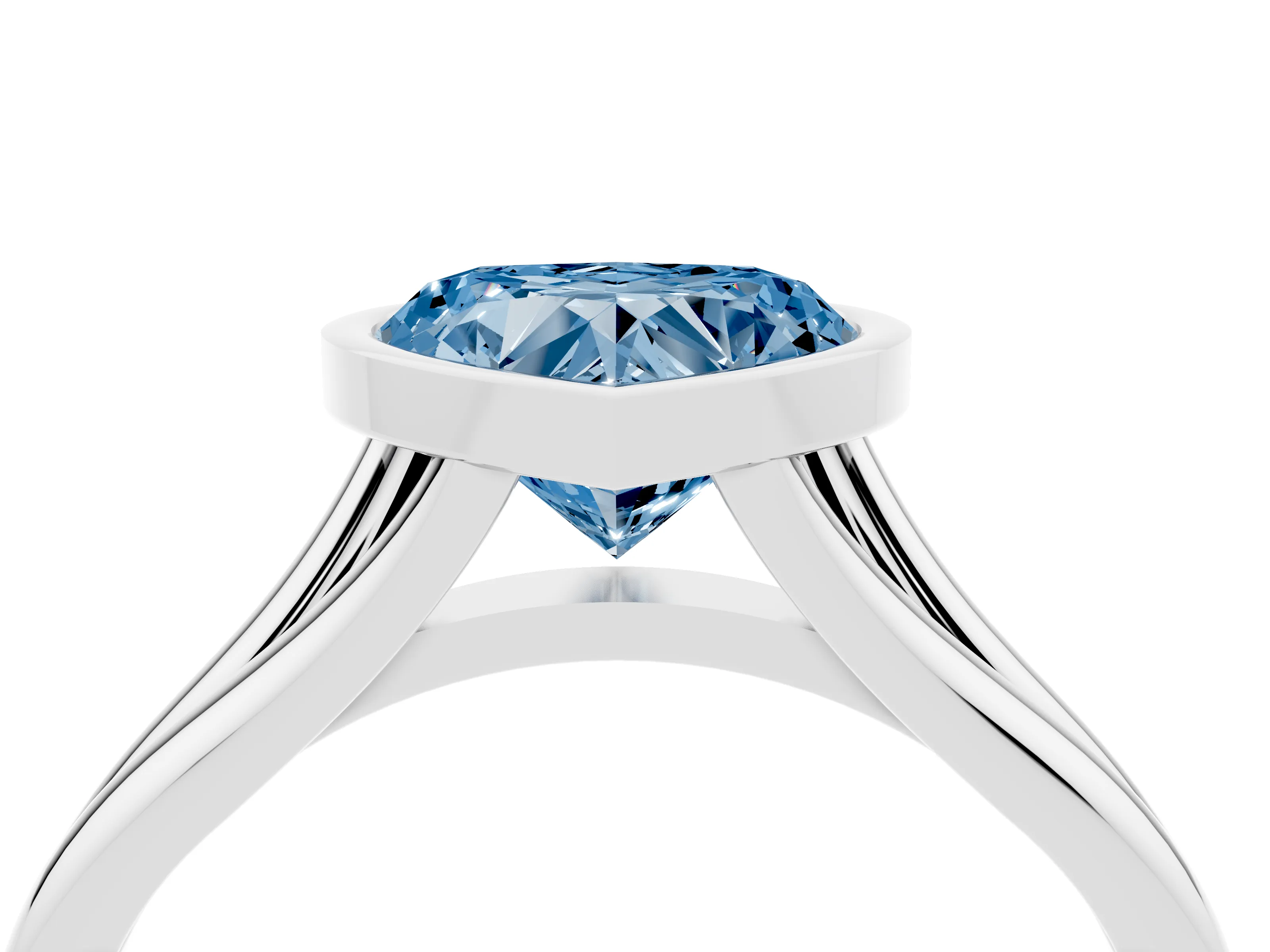Fancy Blue Bezel Set Heart Cut Diamond Solitaire Ring Set in Platinum with Tapered Band