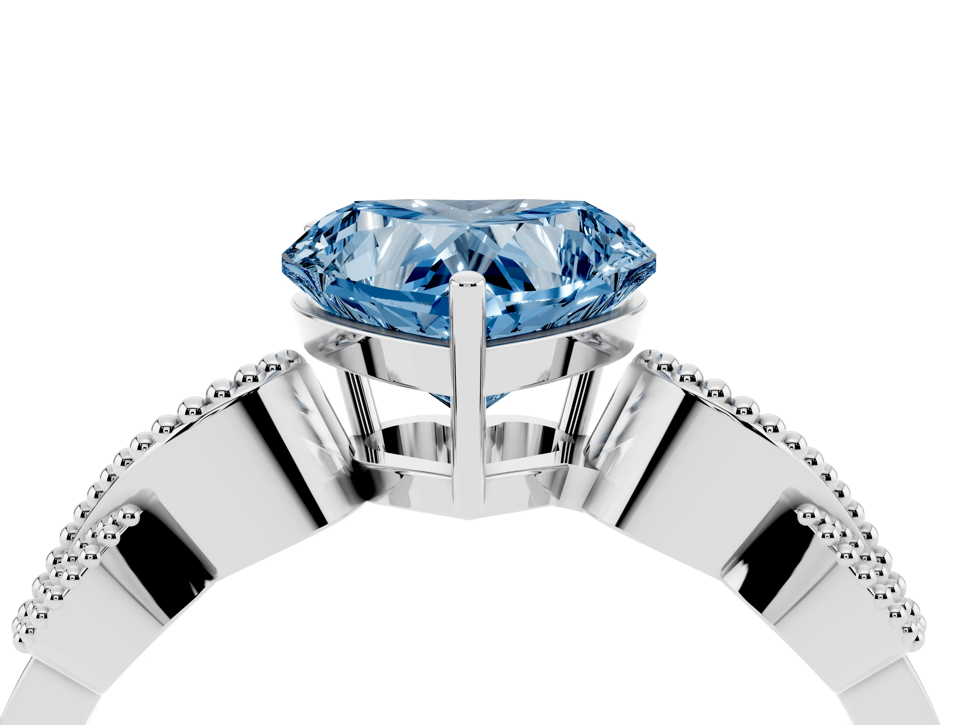 Fancy Blue Heart Cut Diamond Milgrain Leaf Band Solitaire Ring Set in White gold with Accent Stones and Prong Setting