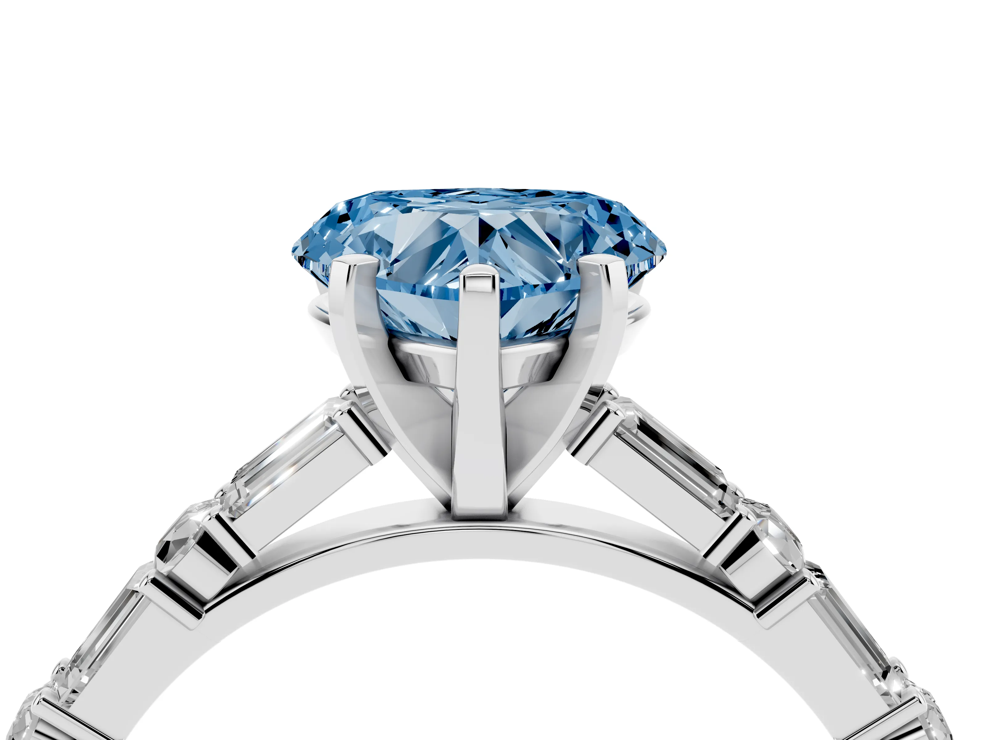 Fancy Blue Heart Cut Diamond Solitaire Set in Platinum with Side Baguettes and Channel Set Band