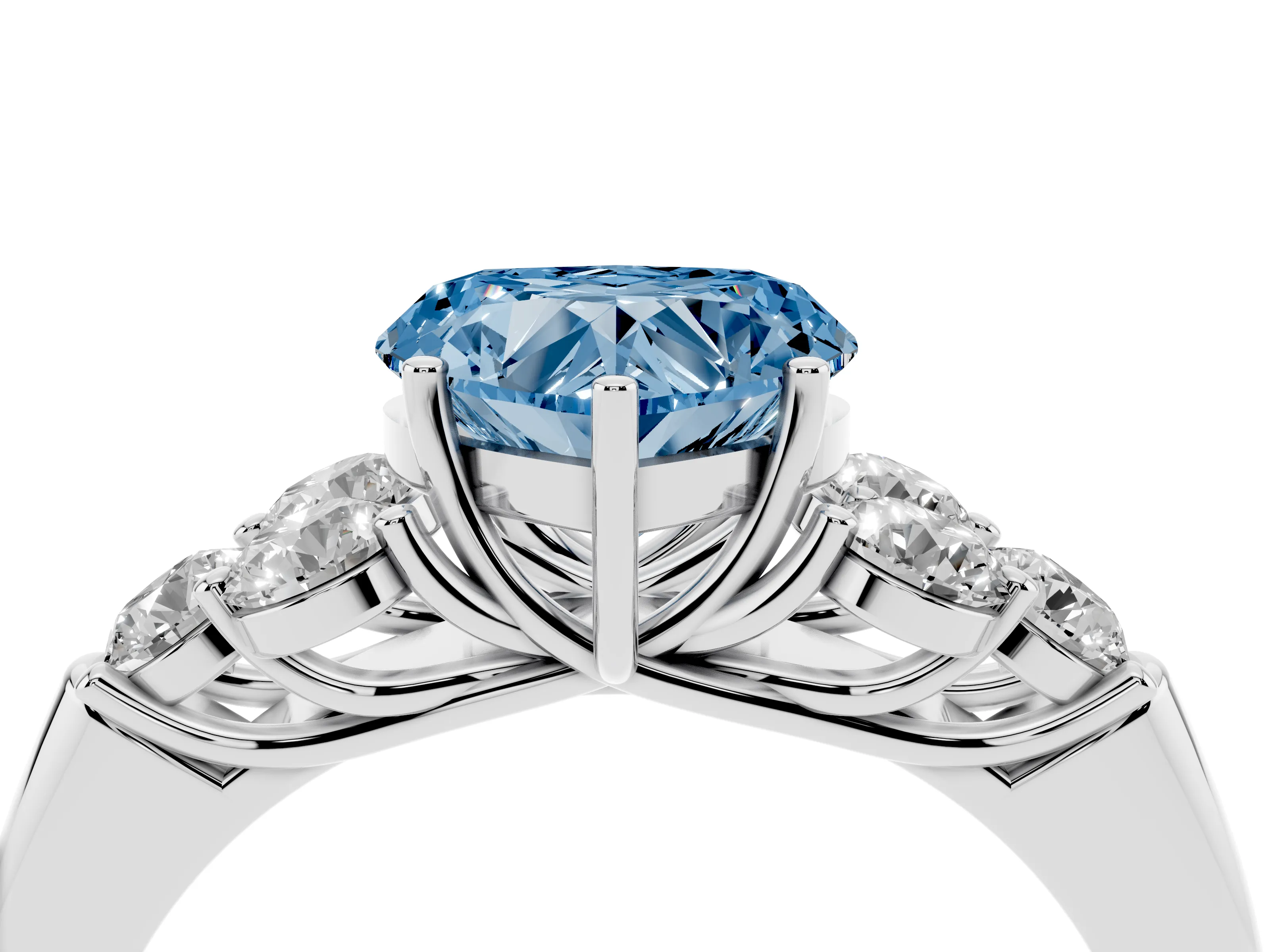 Fancy Blue Heart Cut Diamond Cluster Ring Set in Platinum with Round Accent Stones and Prong Setting on a Plain Band
