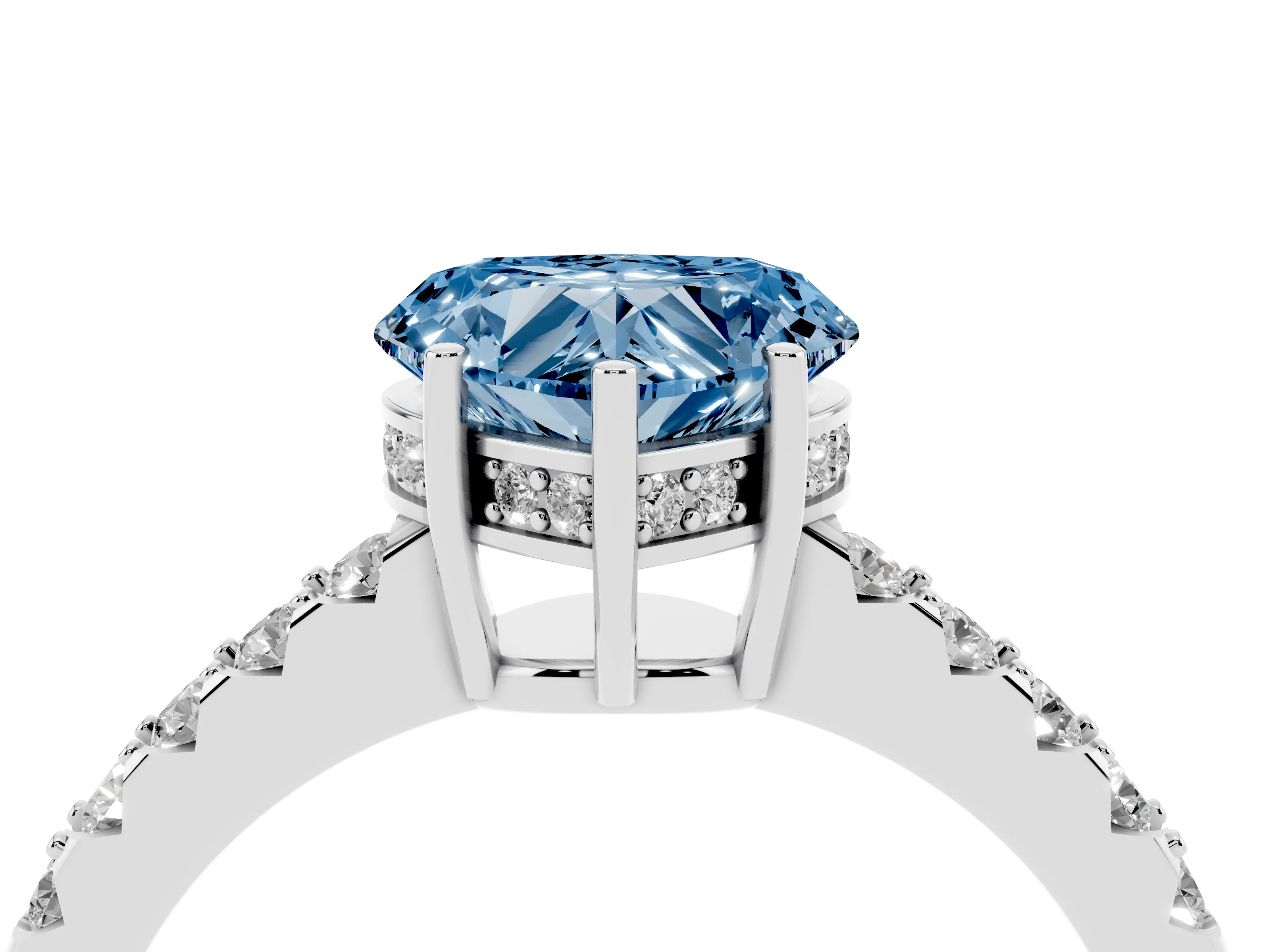 Fancy Blue Heart Cut Diamond Solitaire Engagement Ring Set in White gold with Pavé Band and Prong Setting