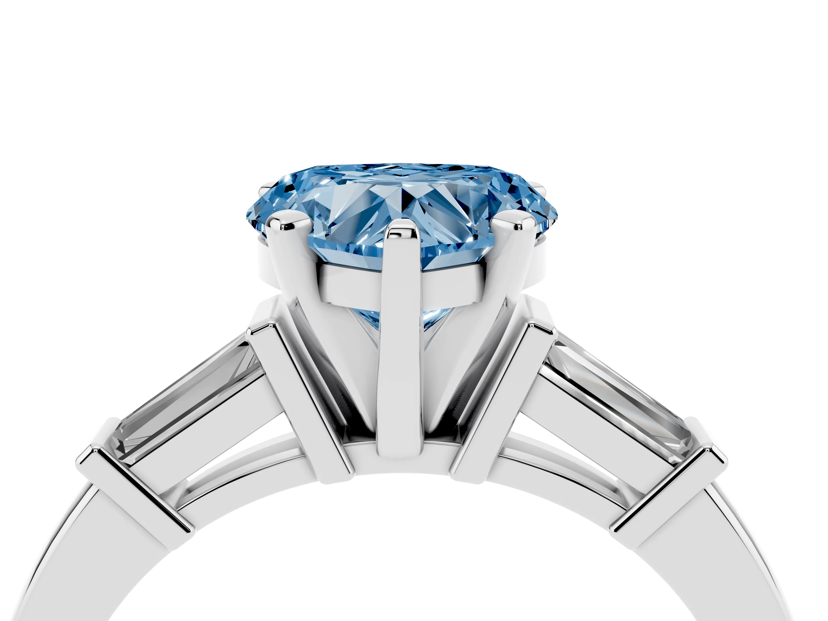 Fancy Blue Heart Cut Diamond Solitaire Ring Set in Silver with Tapered Baguette Accents and Prong Setting