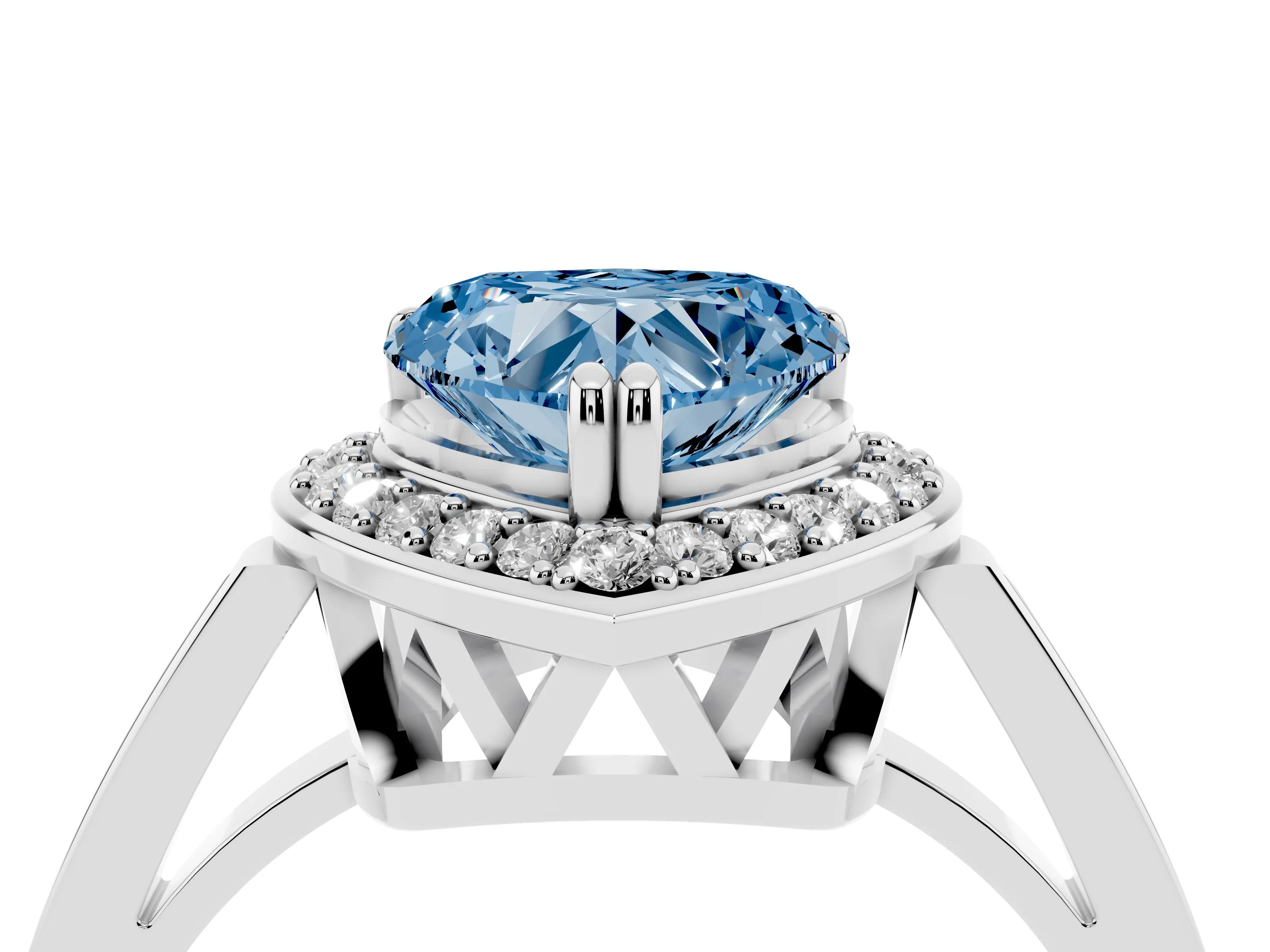 Fancy Blue Heart Cut Diamond Halo Ring Set in Platinum with Accent-Lined Split Shank and Prong Setting