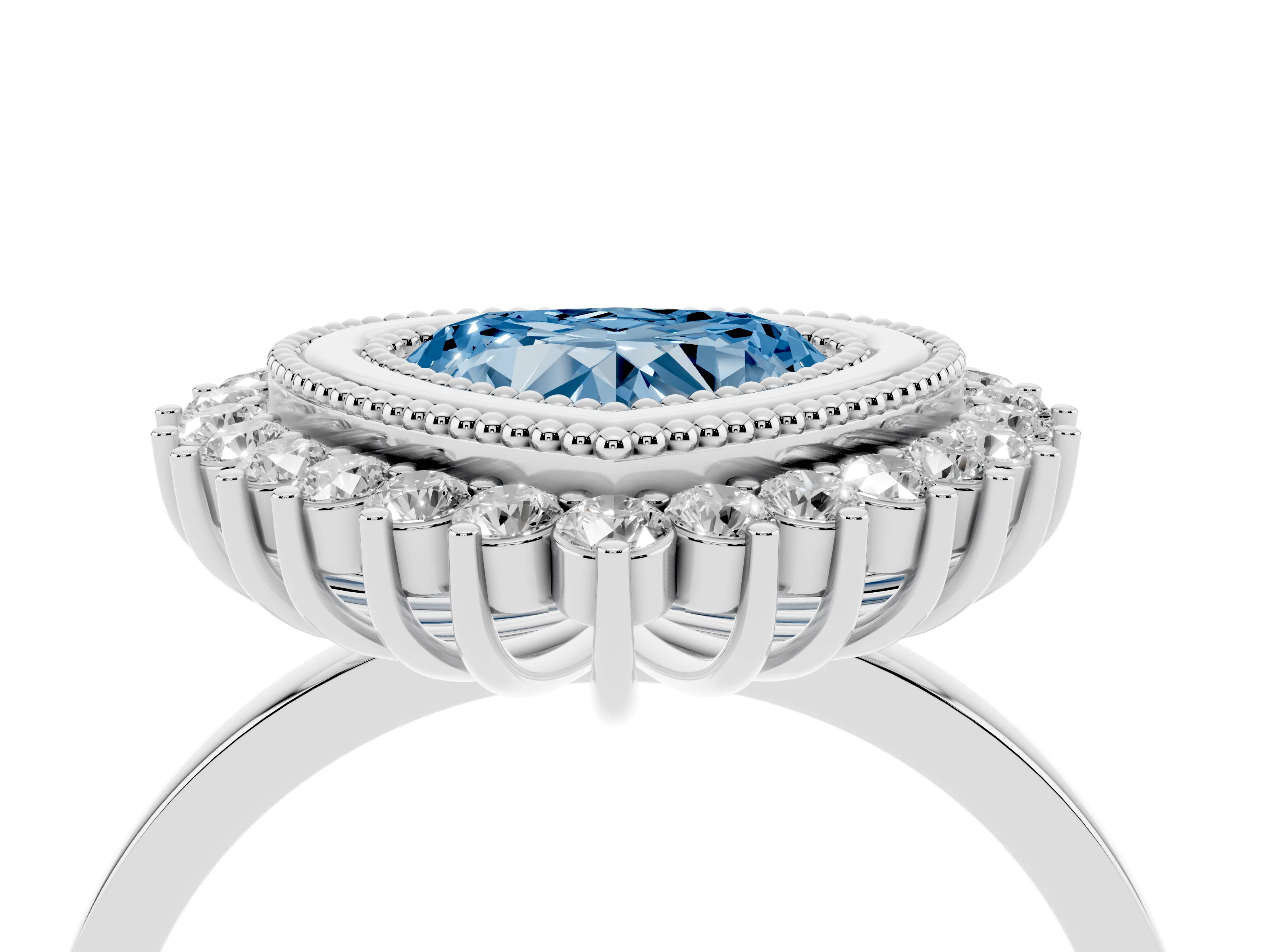 Fancy Blue Heart Cut Diamond Halo Ring Set in Platinum with Milgrain Edge and Round Prong Setting