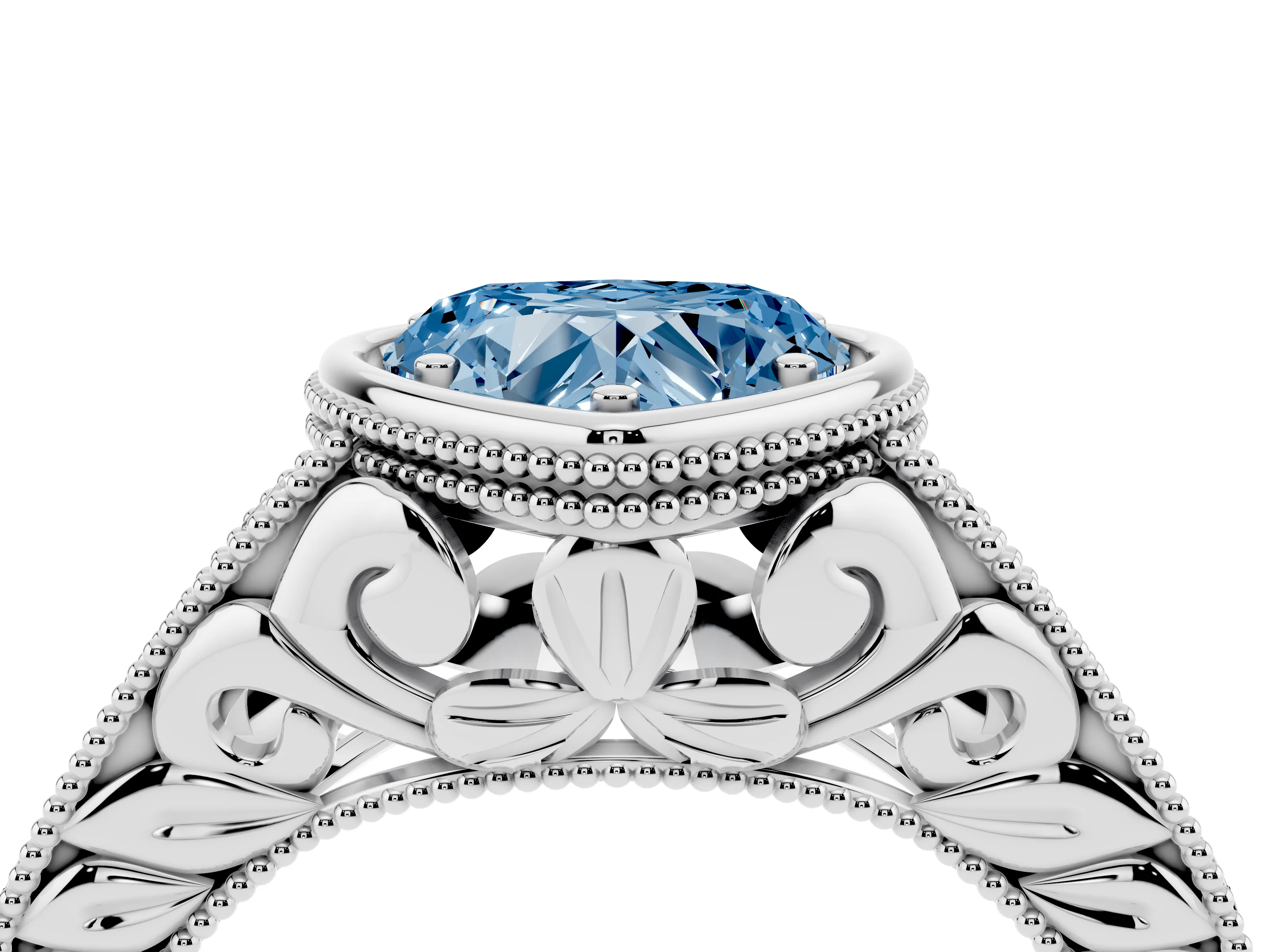 Fancy Blue Bezel Set Heart Cut Diamond Milgrain Pavé Engagement Ring Set in Silver