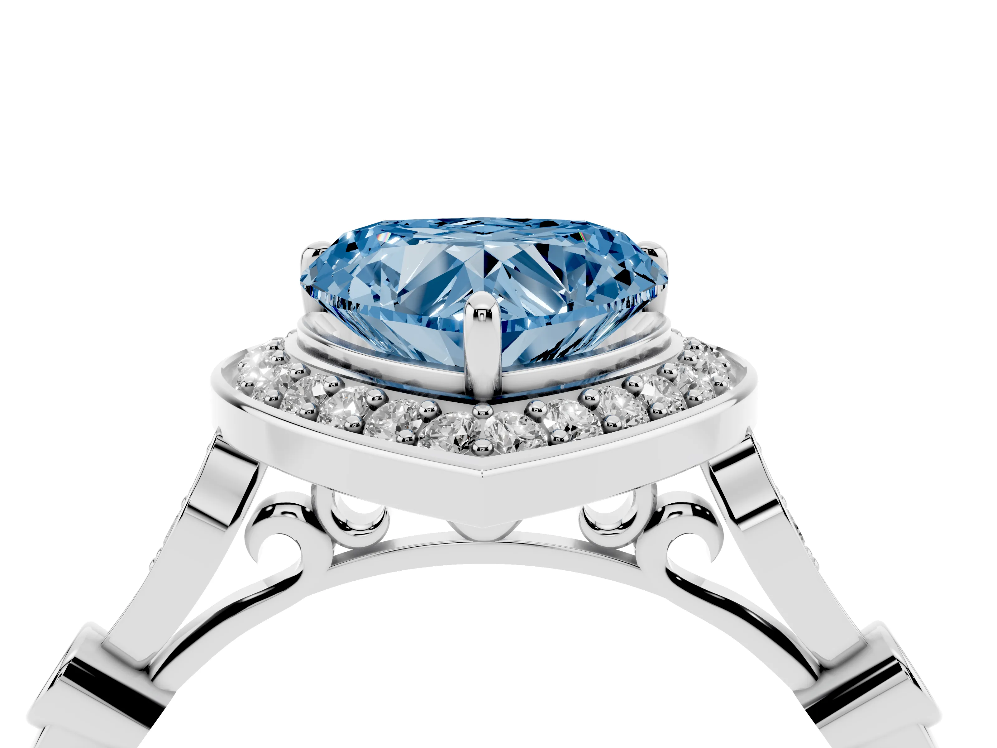 Fancy Blue Heart Cut Diamond Halo Engagement Ring Set in Platinum with Twisted Band and Prong Setting