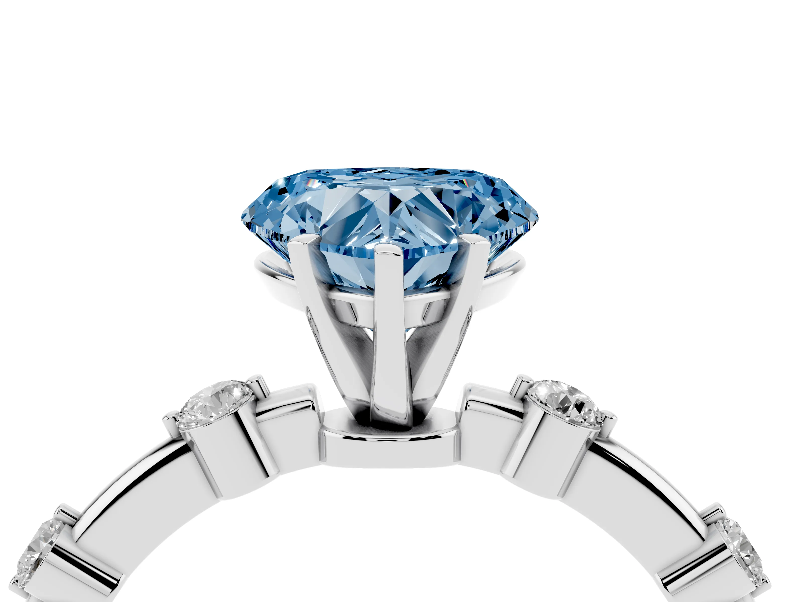 Fancy Blue Heart Cut Diamond Solitaire Ring Set in White gold with Bezel Set Side Stones and Prong Setting