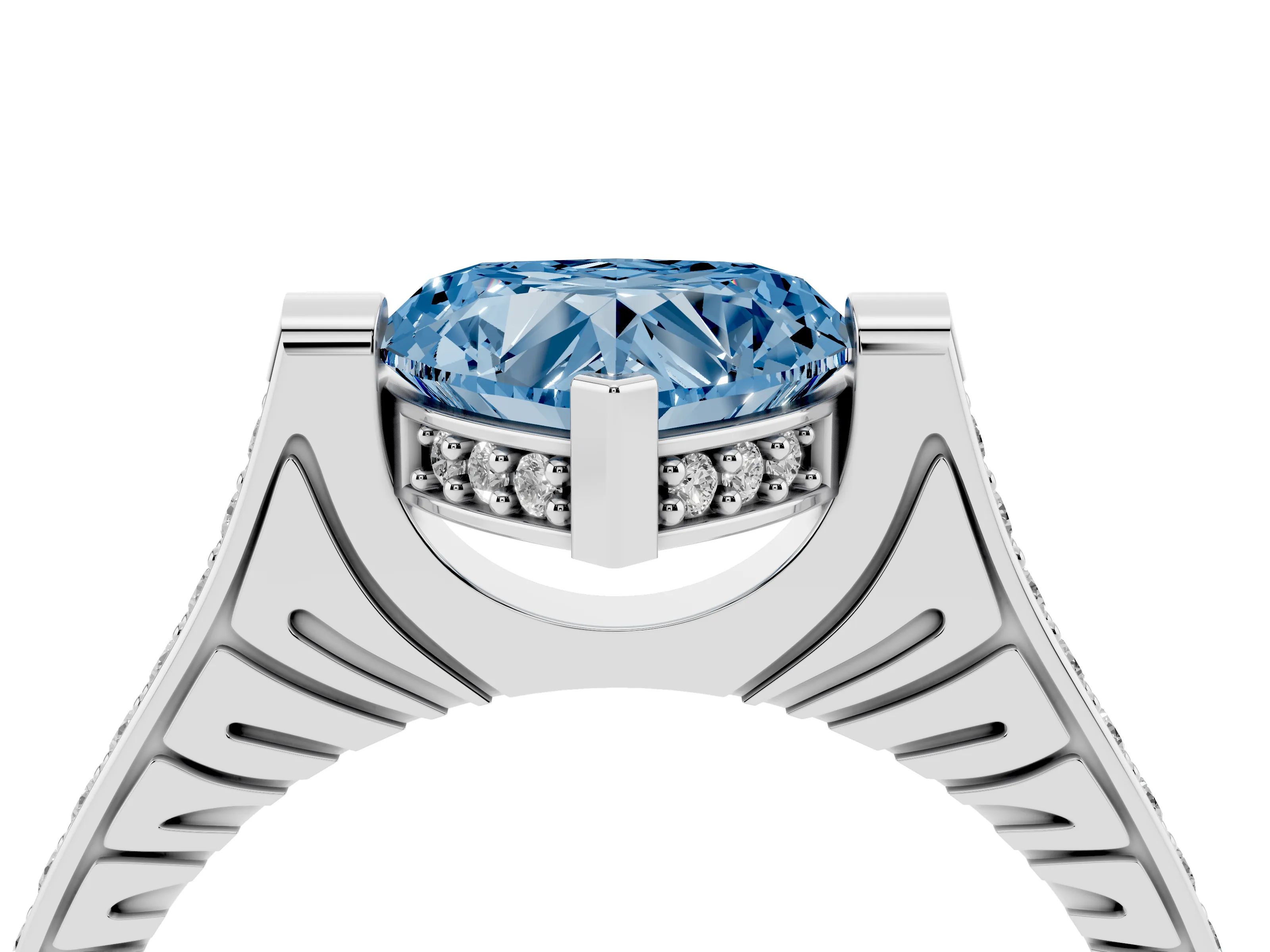 Fancy Blue Heart Cut Diamond Solitaire Ring Set in White gold with Channel Set Band and Bezel Prong Setting