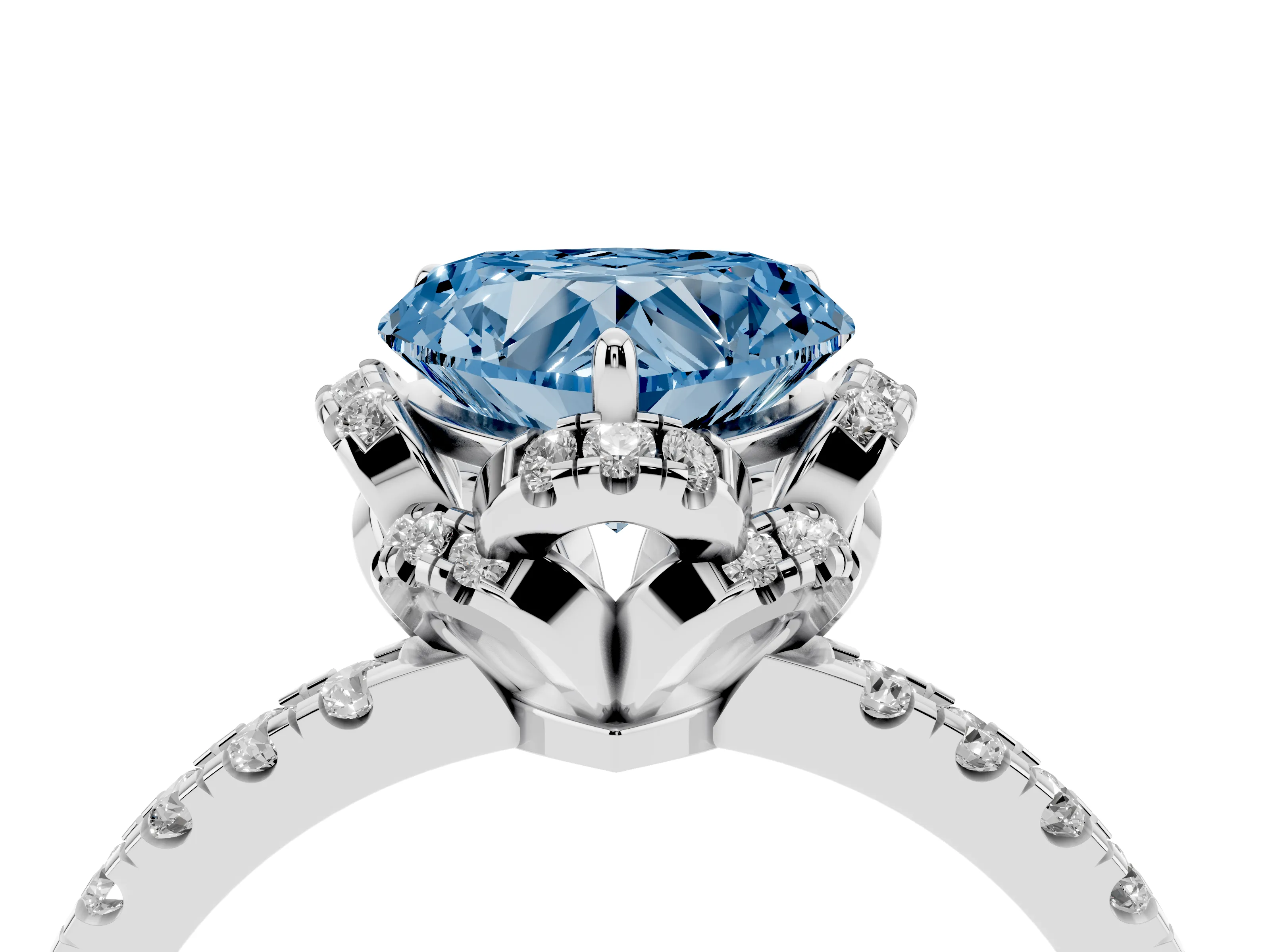 Fancy Blue Heart Cut Diamond Halo Pavé Band Ring Set in White gold with Prong-Held Center