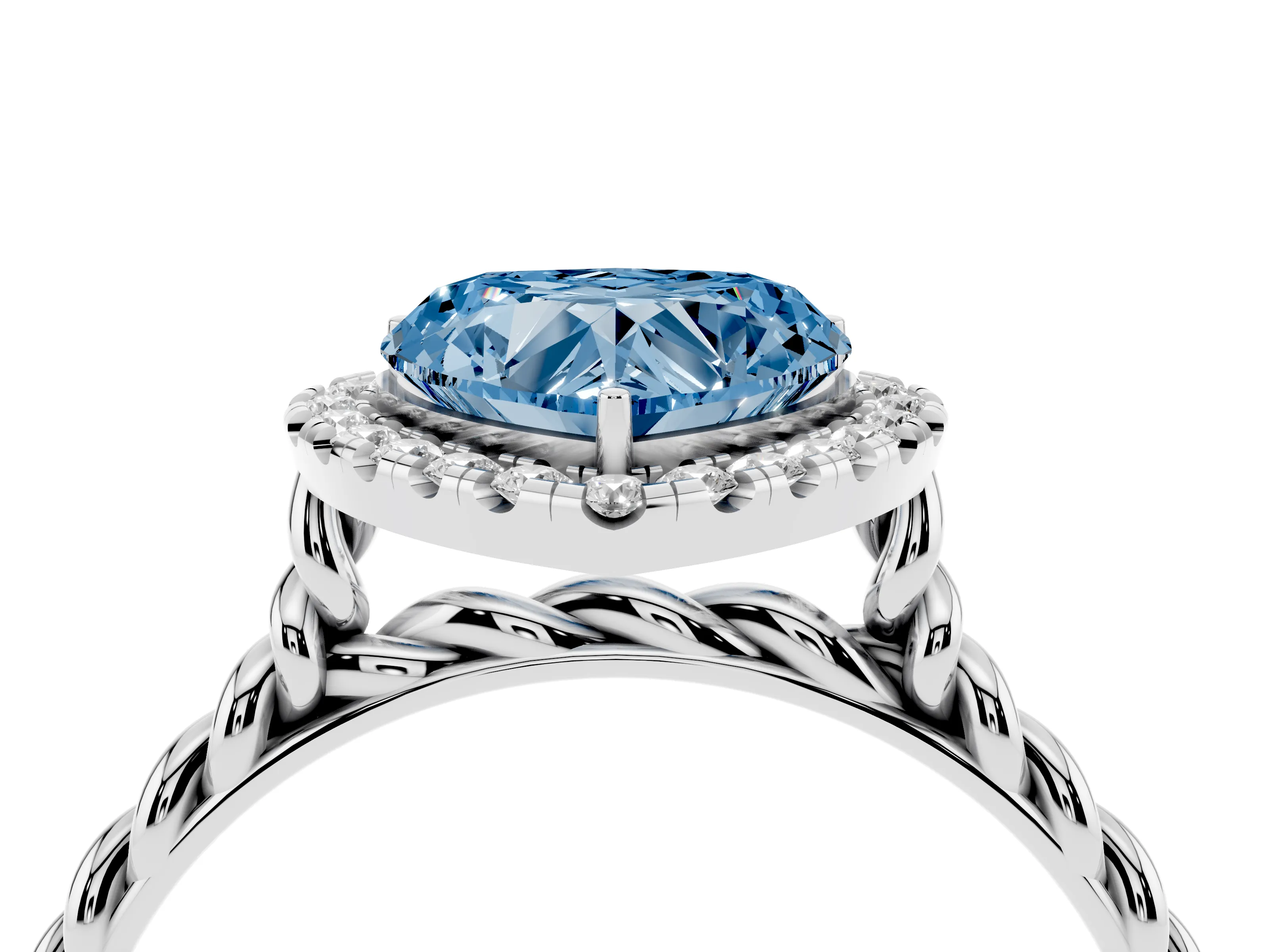 Fancy Blue Heart Cut Diamond Halo Ring Set in Silver with Plain Twisted Band