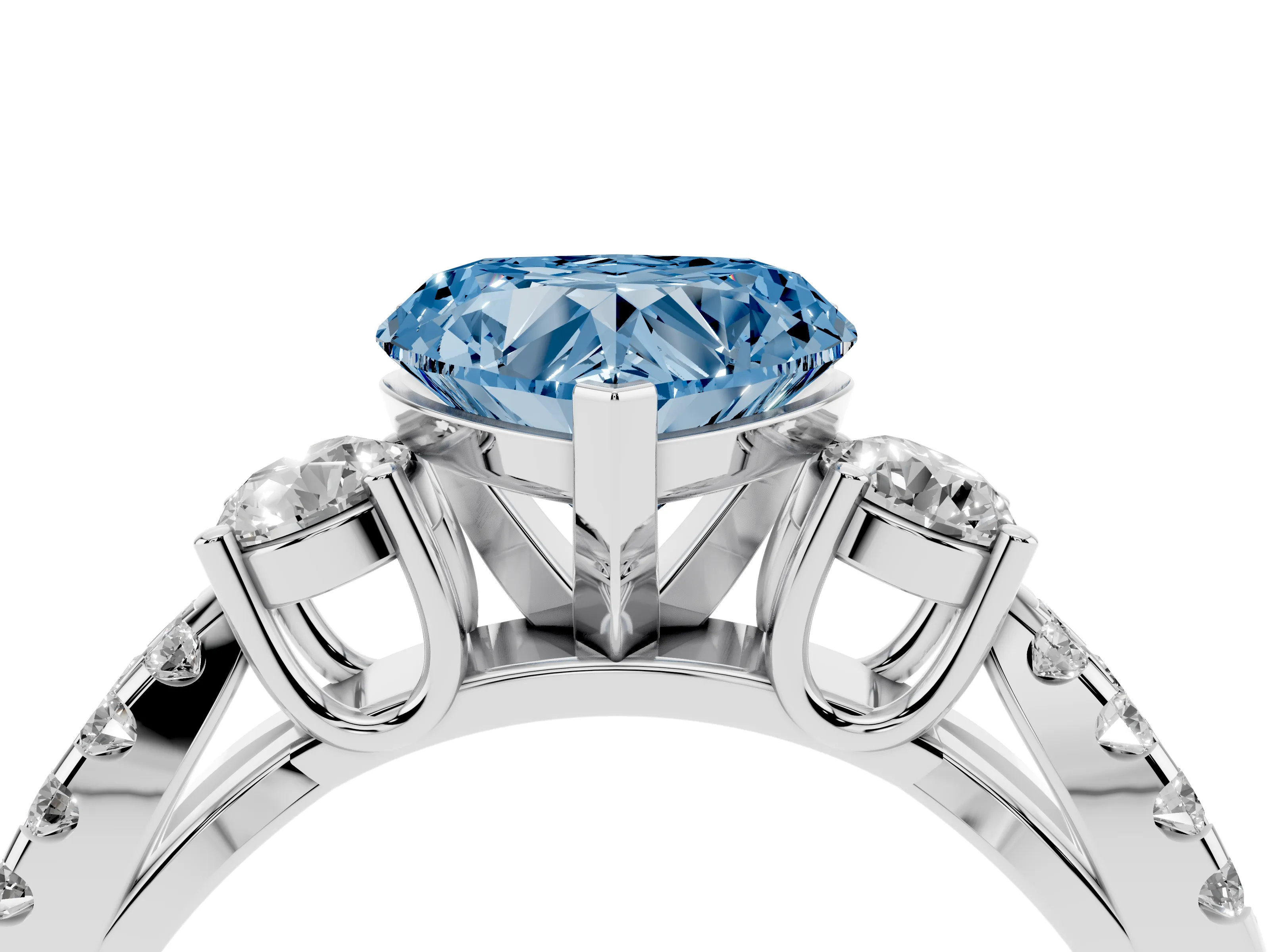 Fancy Blue Heart Cut Diamond Three-Stone Ring Set in White gold with Pavé Split Shank and Prong Setting