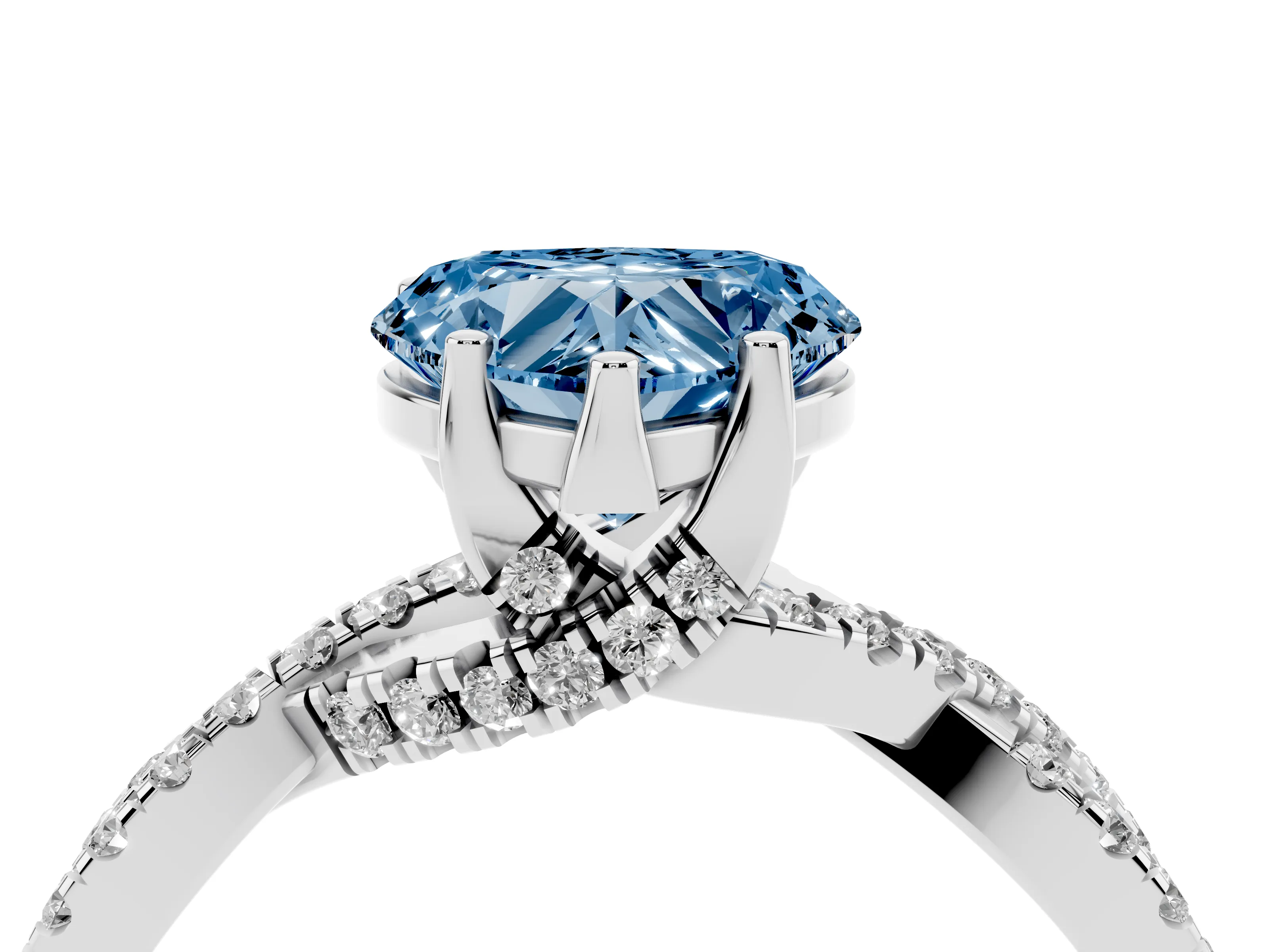 Fancy Blue Heart Cut Diamond Twist Pavé Solitaire Engagement Ring Set in Platinum with Prong Setting