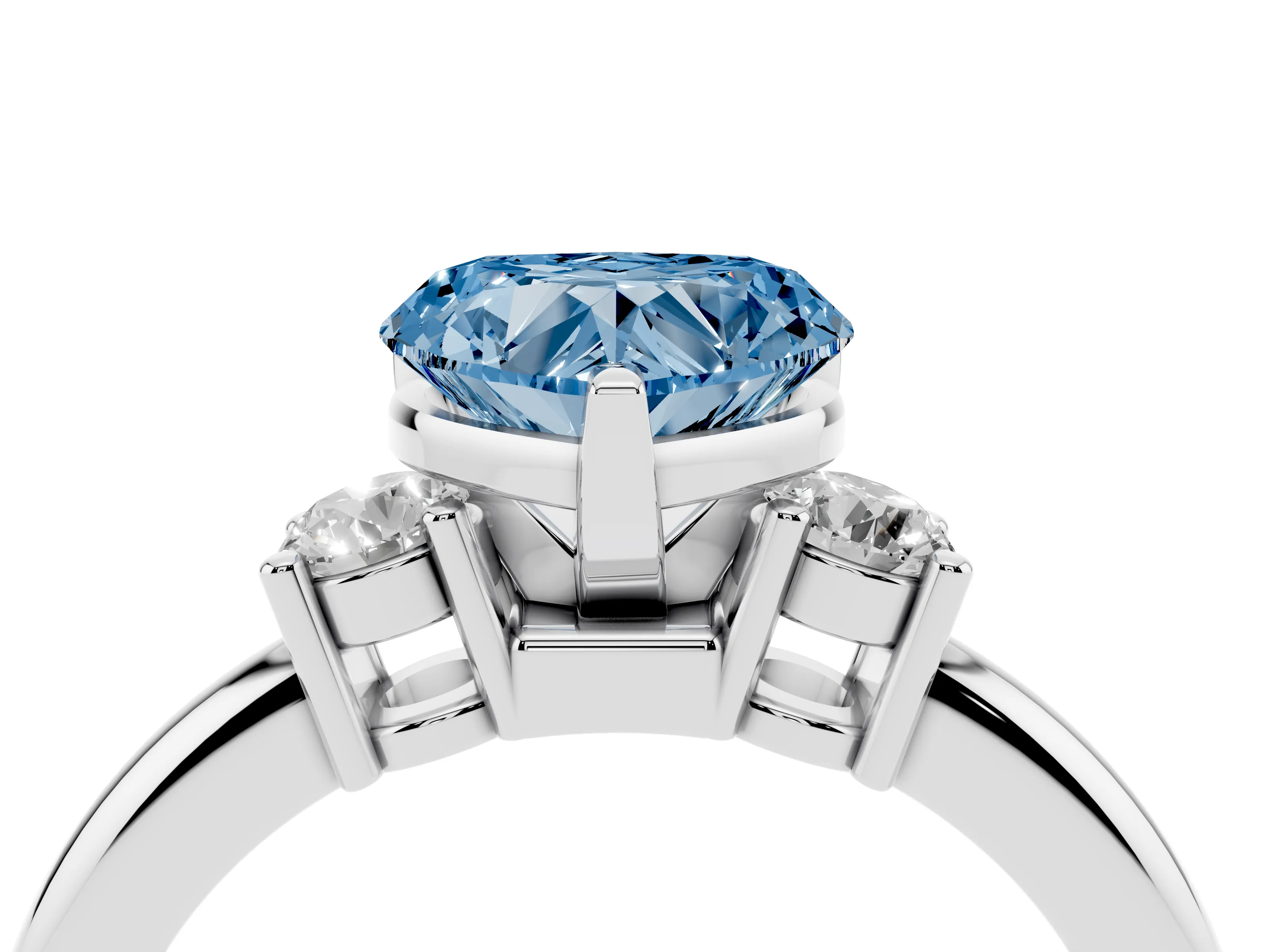 Fancy Blue Three-Stone Heart Cut Diamond Ring Set in White gold with Prong Setting and Plain Band