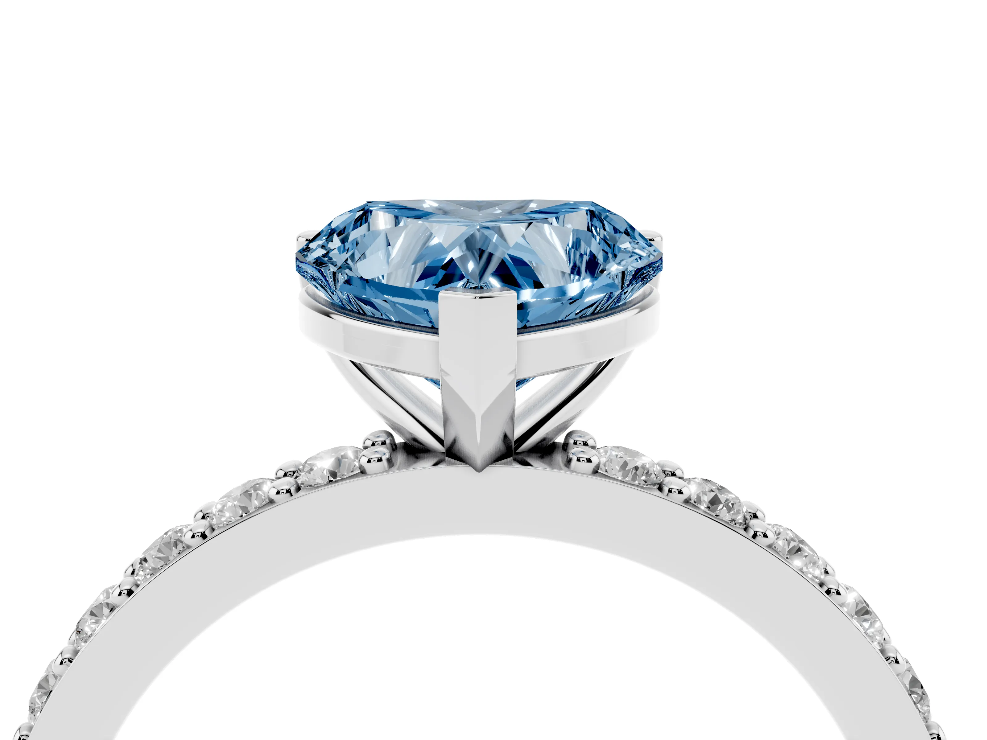 Fancy Blue Heart Cut Diamond Solitaire Set in White gold with Round Pavé Band and Prong Setting