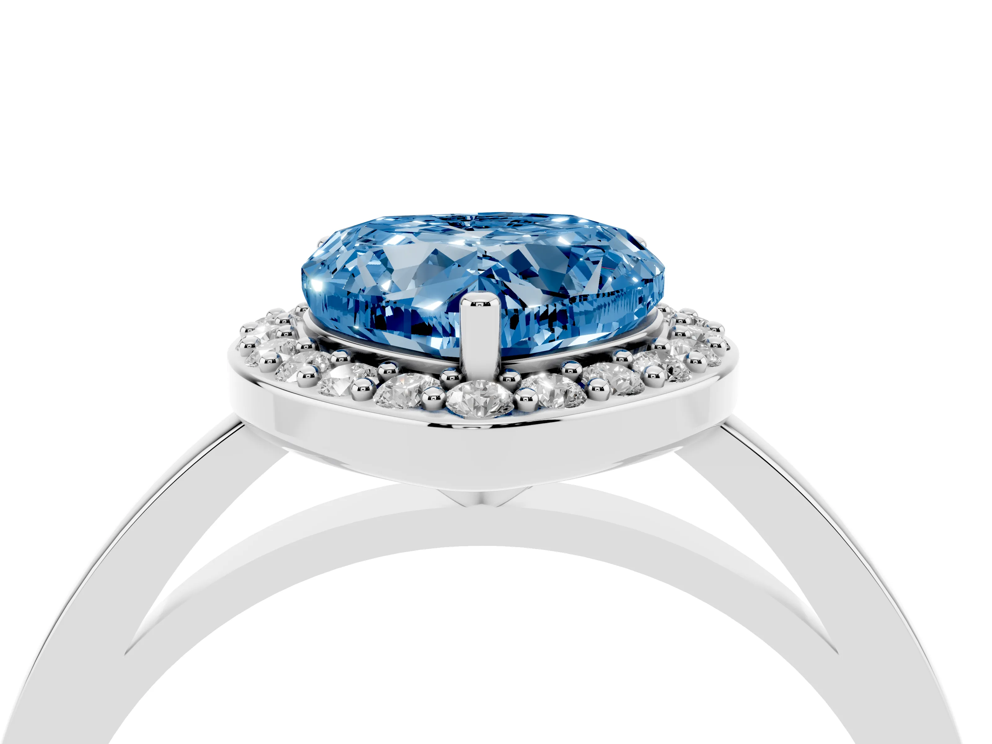 Fancy Blue Heart Cut Diamond Halo Ring Set in Silver with Solitaire Band and Prong Setting