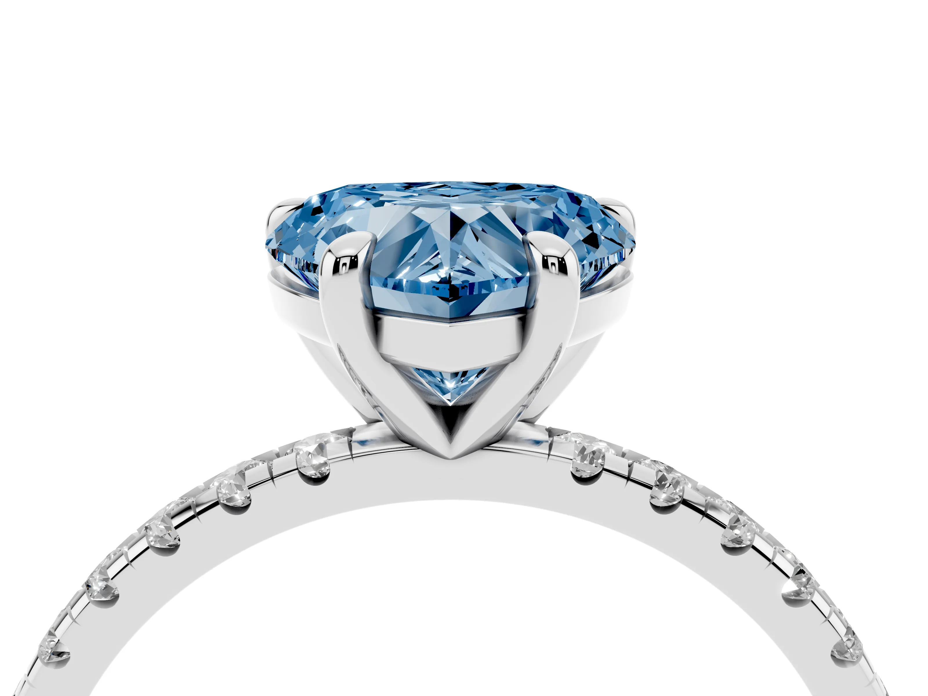 Fancy Blue Heart Cut Diamond Brilliant Solitaire Ring Set in White gold with Pavé Band and Prong Setting