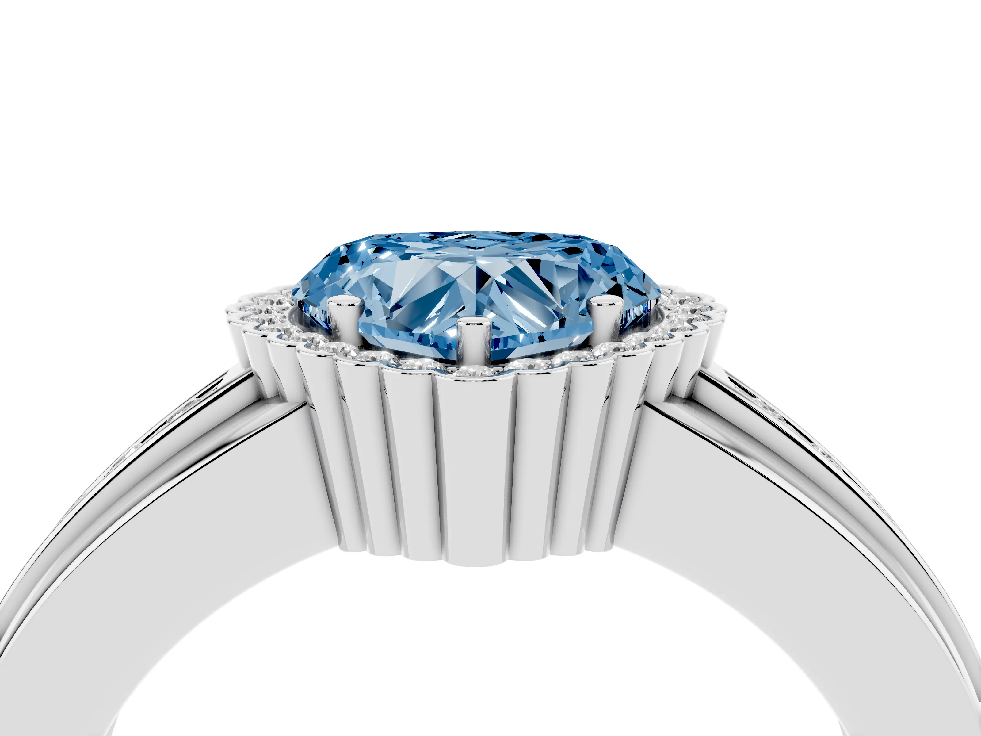 Fancy Blue Heart Cut Diamond Halo Prong Ring Set in Platinum with Pavé Band