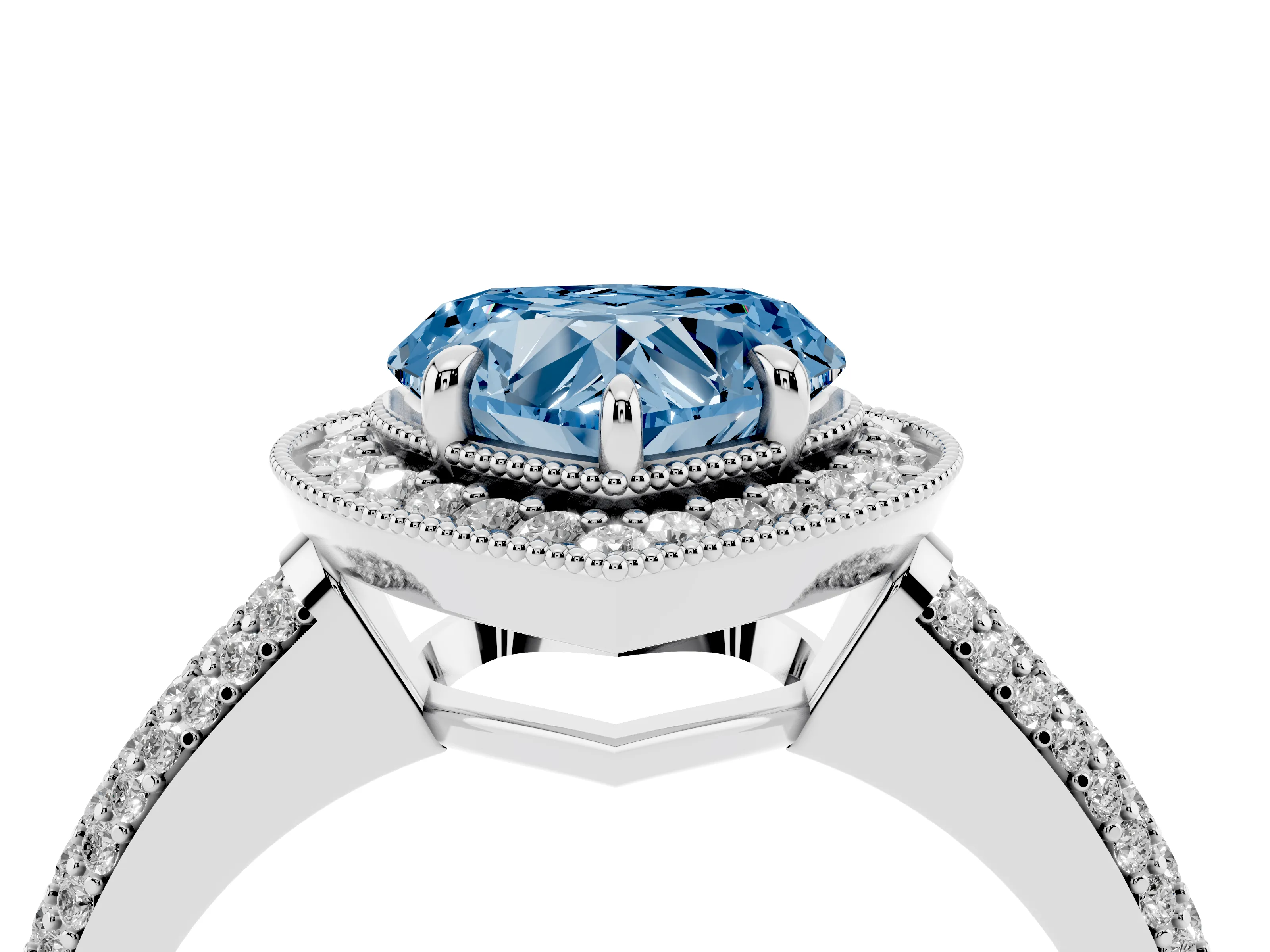 Fancy Blue Heart Cut Diamond Halo Pavé Band Set in Silver with Prong Setting