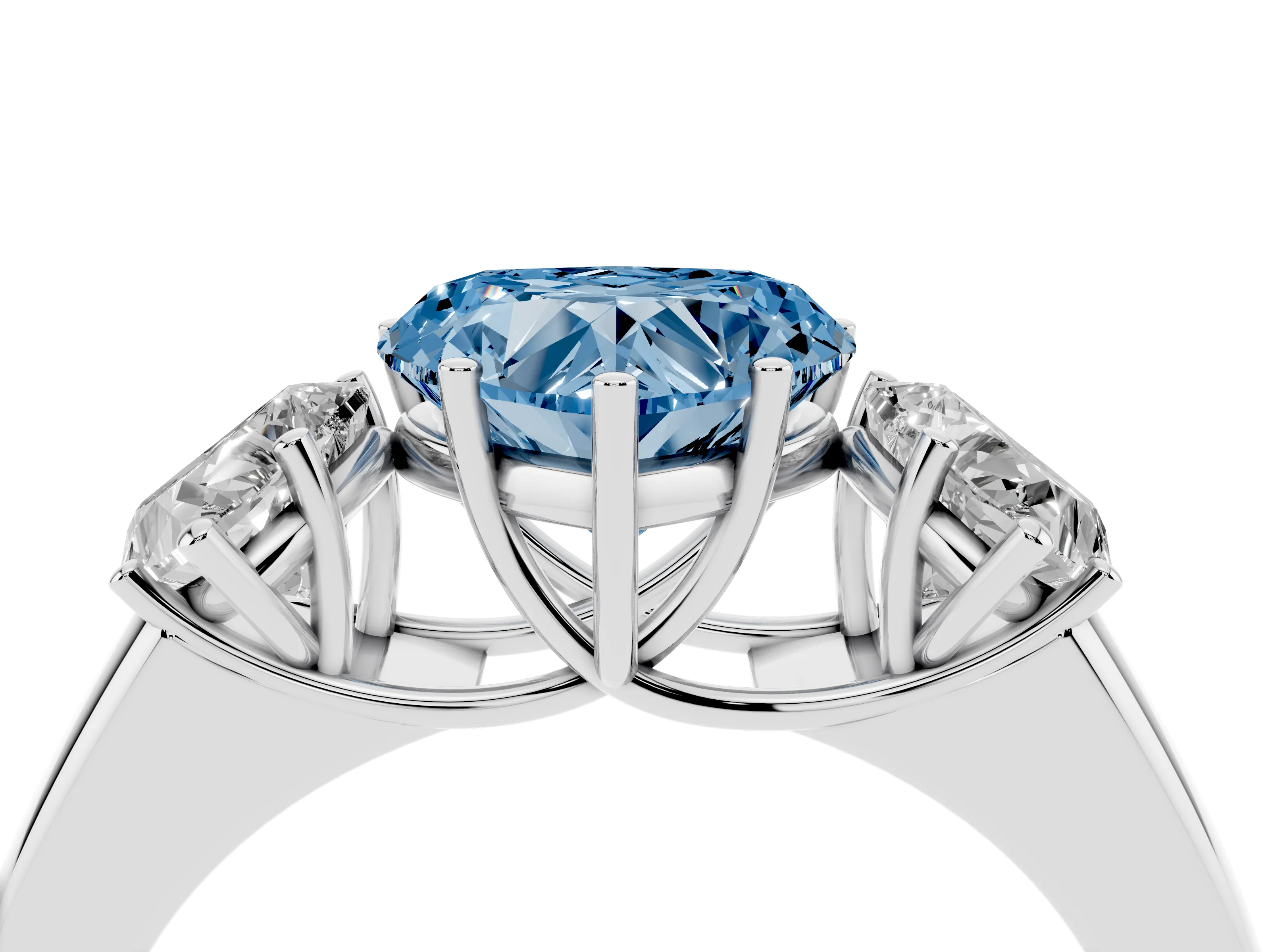 Fancy Blue Three-Stone Heart Cut Diamond Ring Set in Silver with Matching Prong Settings and Plain Band