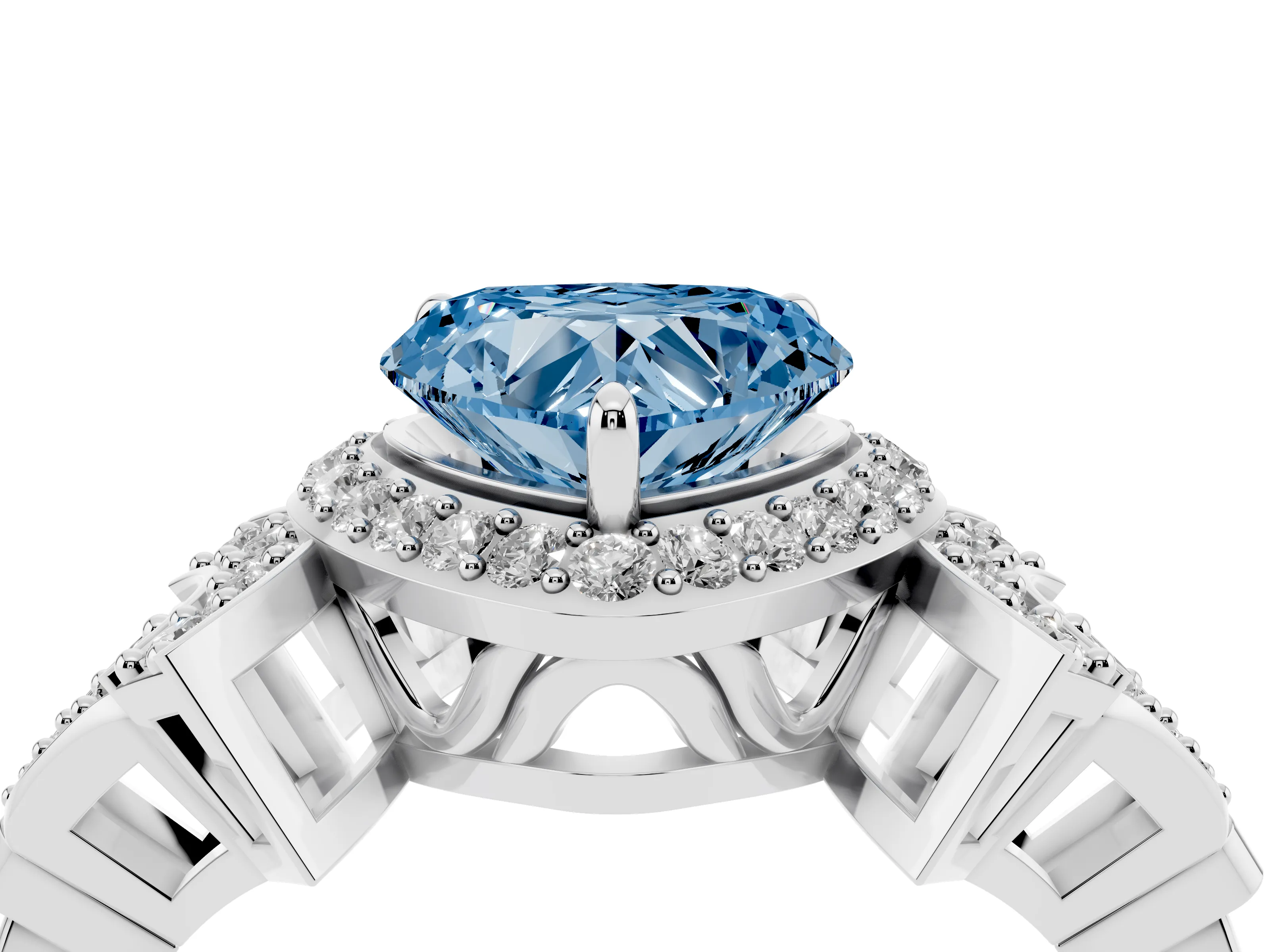 Fancy Blue Heart Cut Diamond Halo Engagement Ring Set in Silver with Accent Stone Split Shank