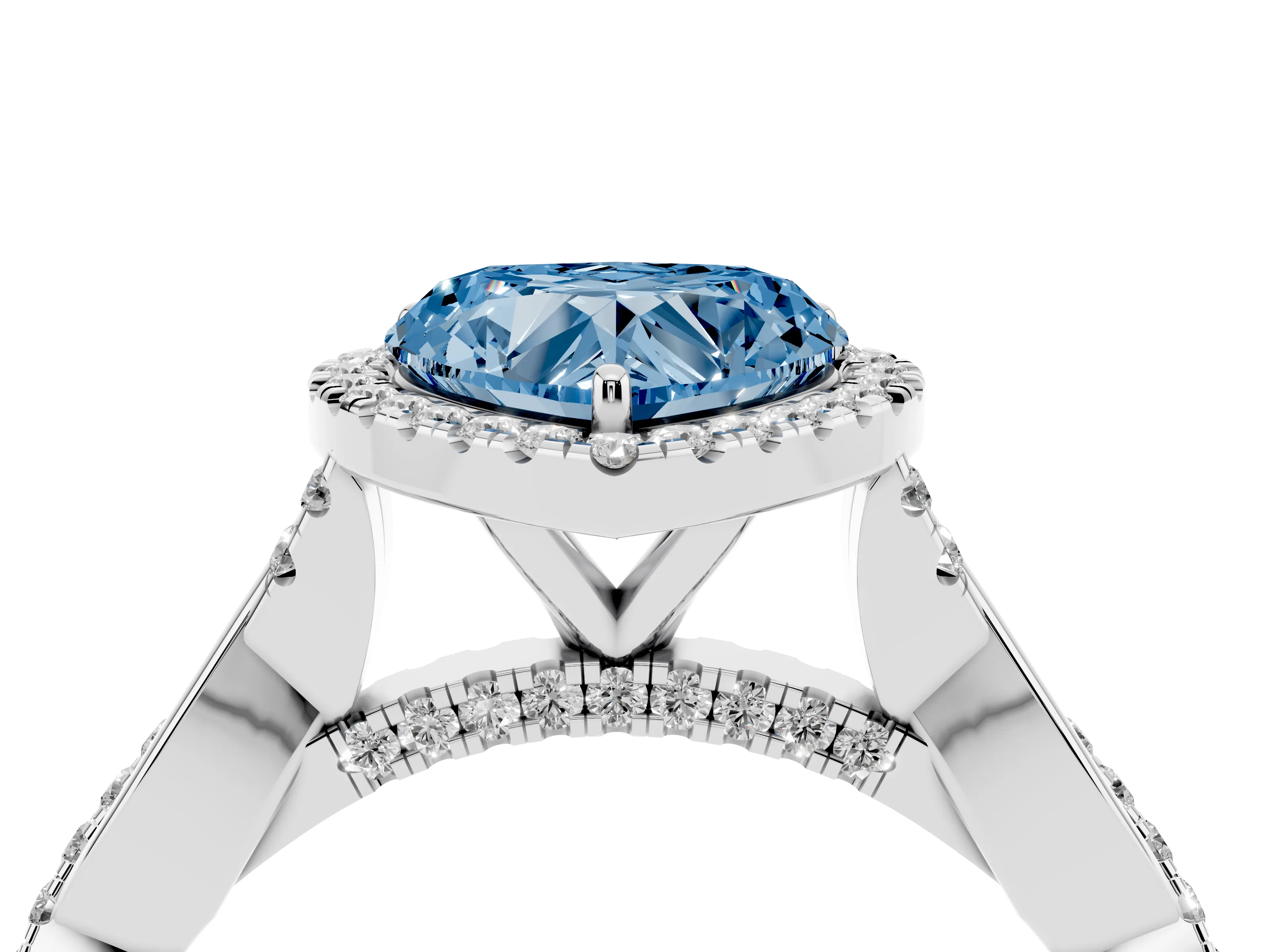 Fancy Blue Heart Cut Diamond Halo Twist Band Solitaire Ring Set in Platinum with Prong Setting