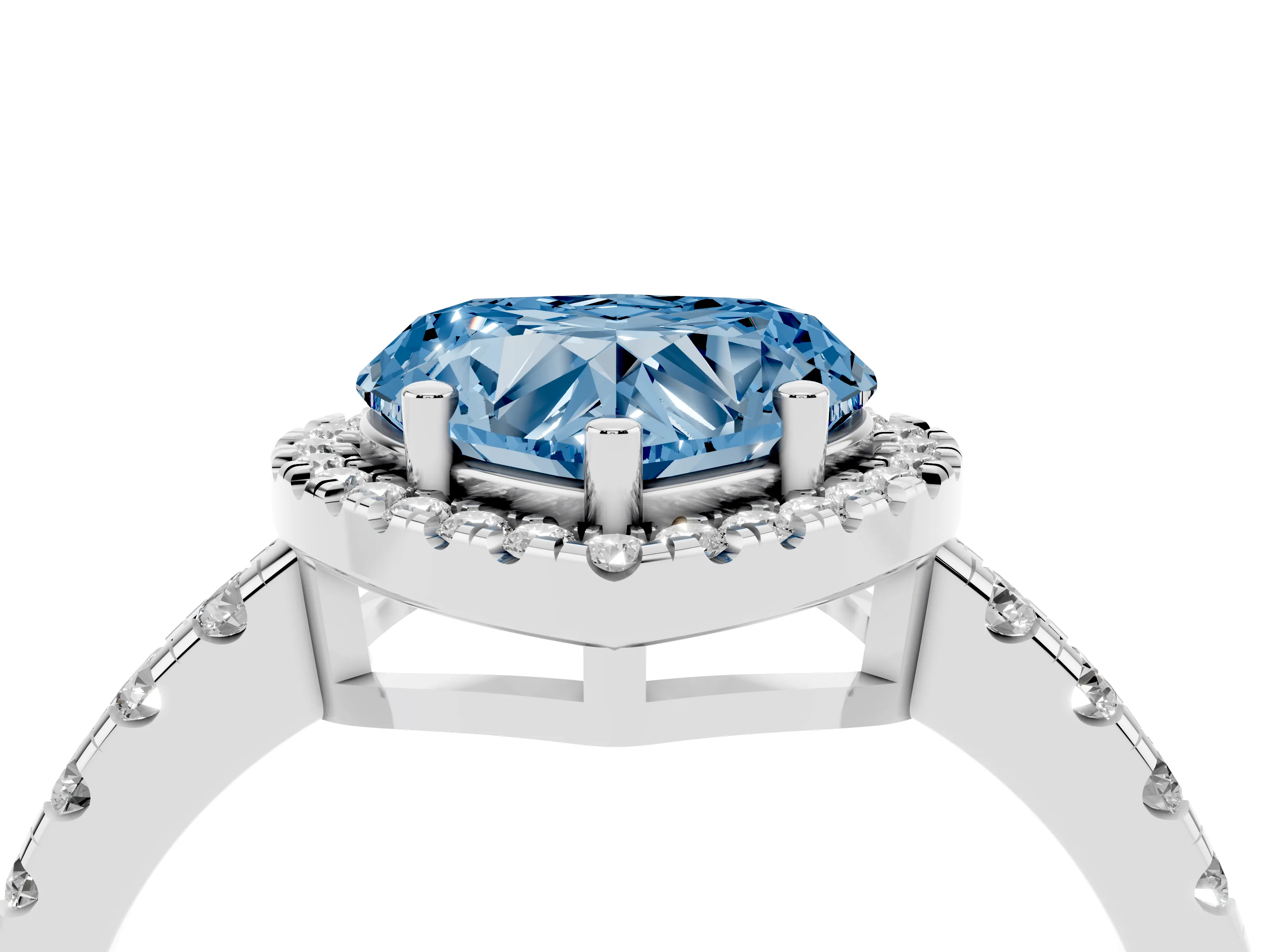 Fancy Blue Heart Cut Diamond Halo Ring Set in Silver with Delicate Pavé Band and Prong Setting