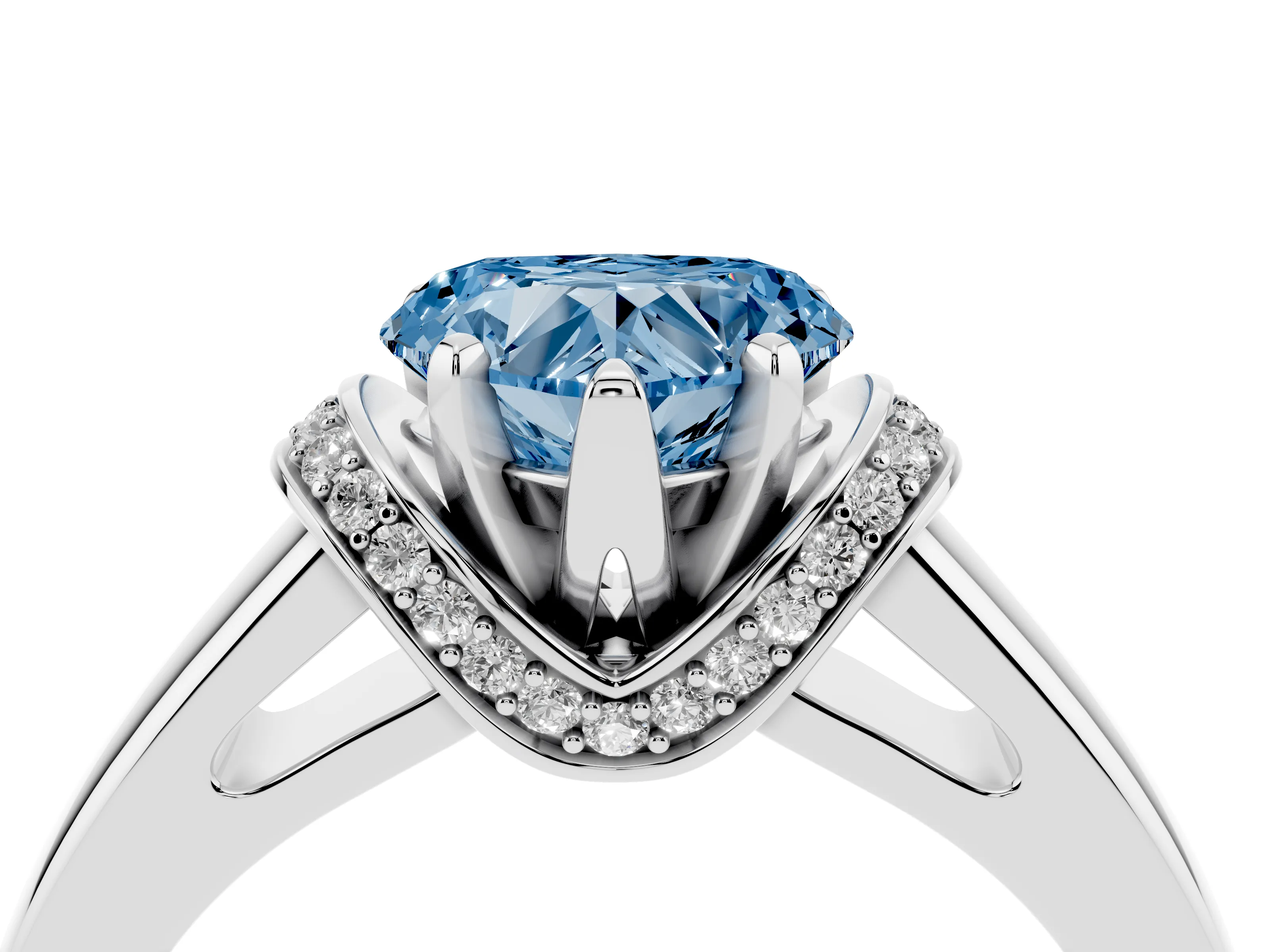 Fancy Blue Heart Cut Diamond Pavé Band Solitaire Ring Set in Platinum with Prong Setting