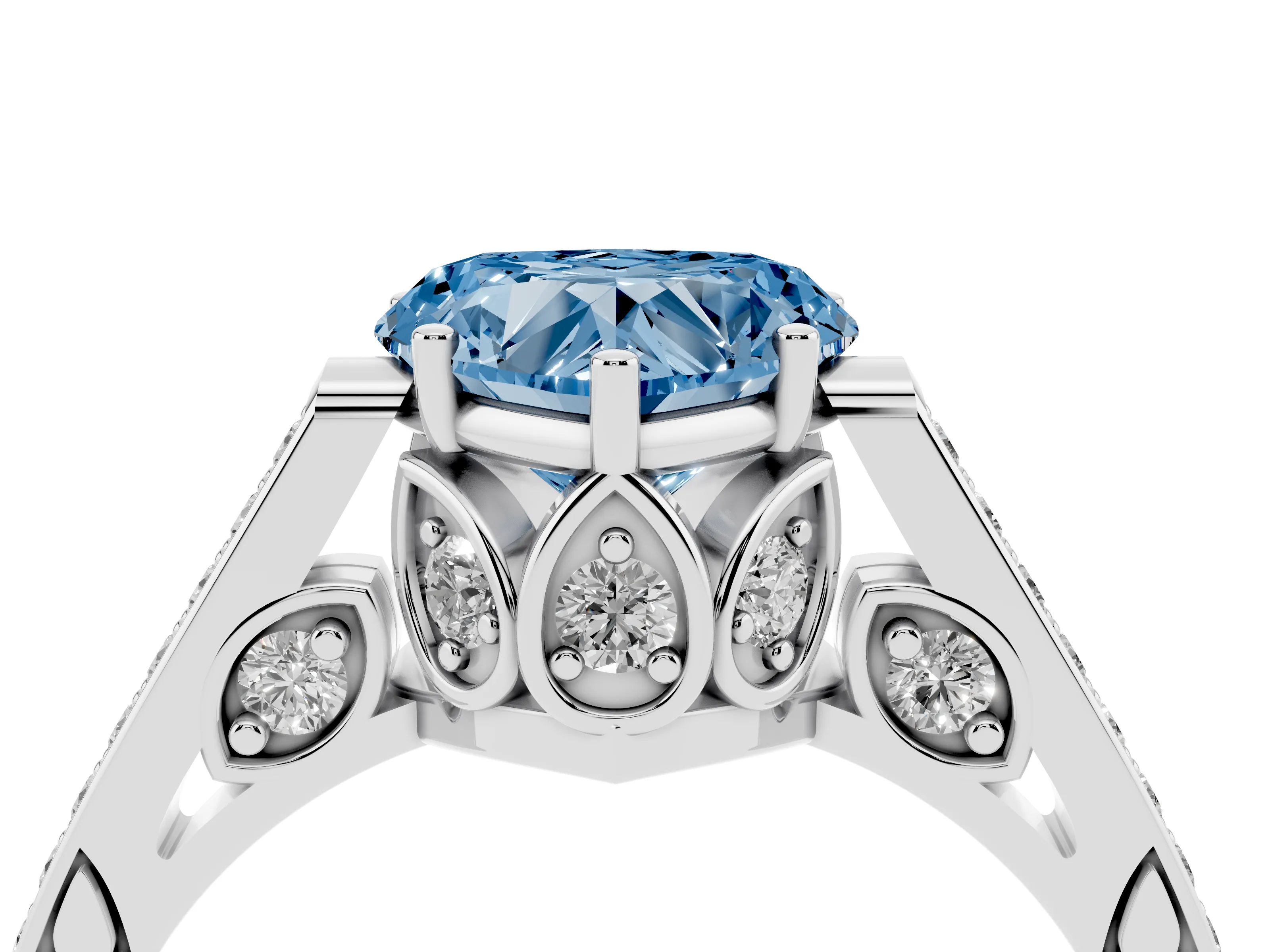 Fancy Blue Heart Cut Diamond Cathedral Pavé Engagement Ring Set in Platinum with Prong Setting