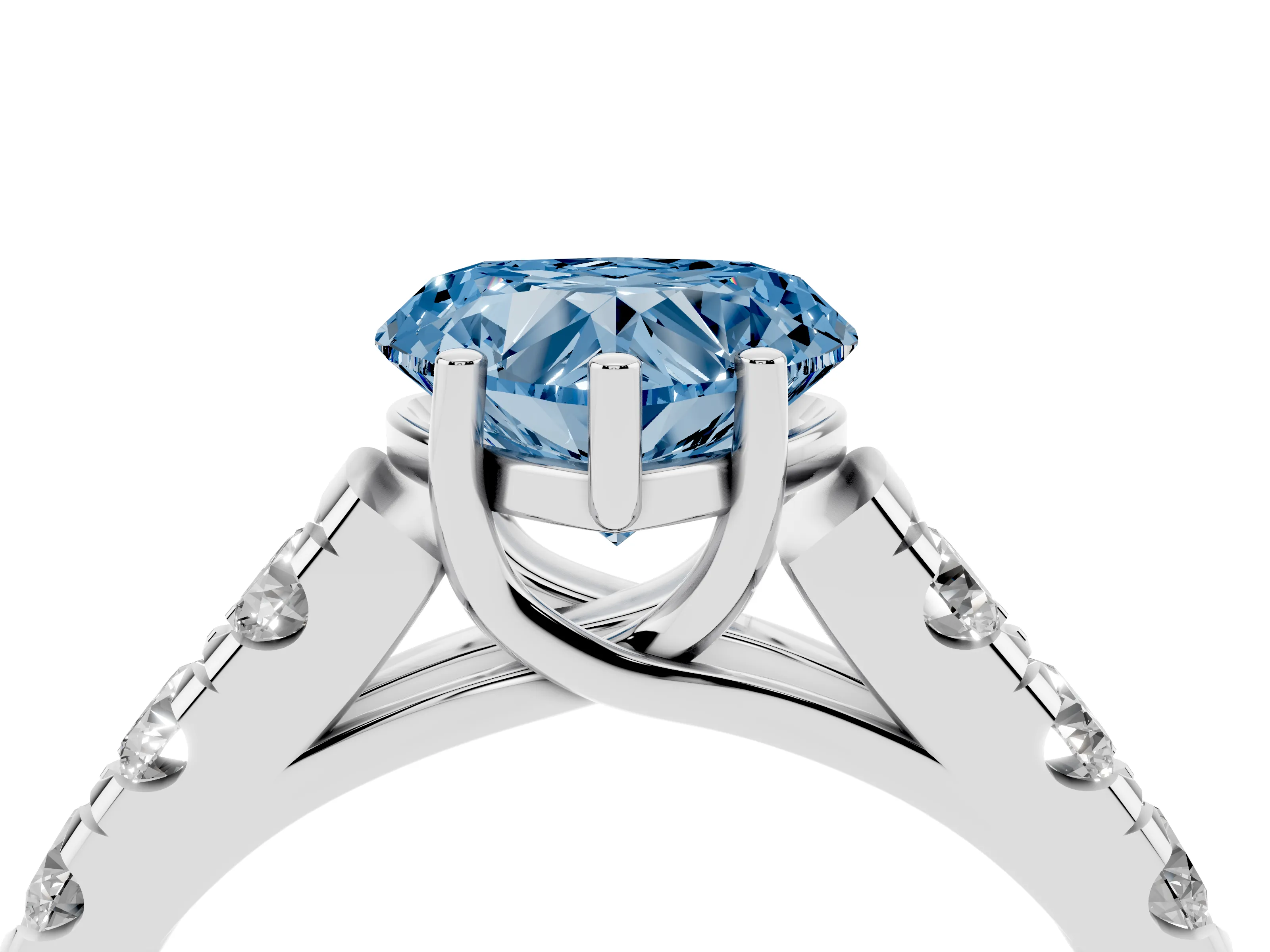 Fancy Blue Heart Cut Diamond Solitaire Ring Set in White gold with Cut-Down Micro Pavé Band and Prong Setting