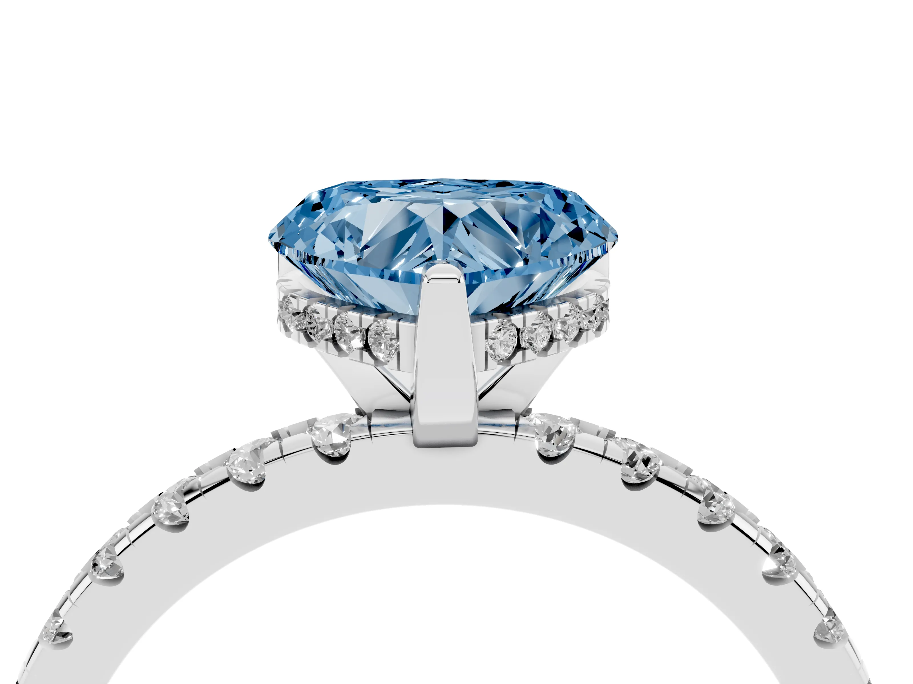 Fancy Blue Heart Cut Diamond Pavé Solitaire Ring Set in Platinum with Round Band Accents and Prong Setting