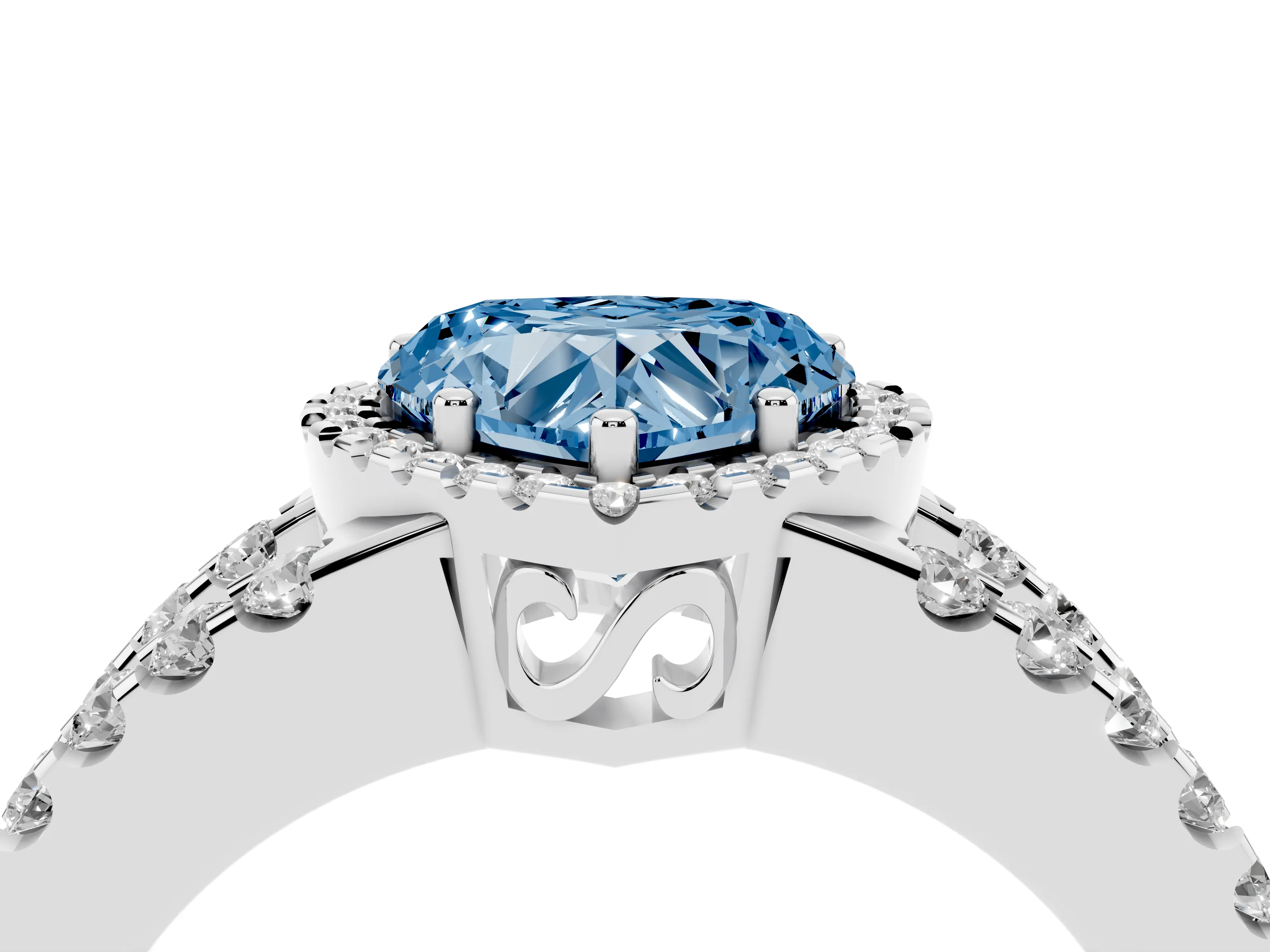 Fancy Blue Heart Cut Diamond Halo Ring Set in Silver with Pavé Split Shank and Prong Setting