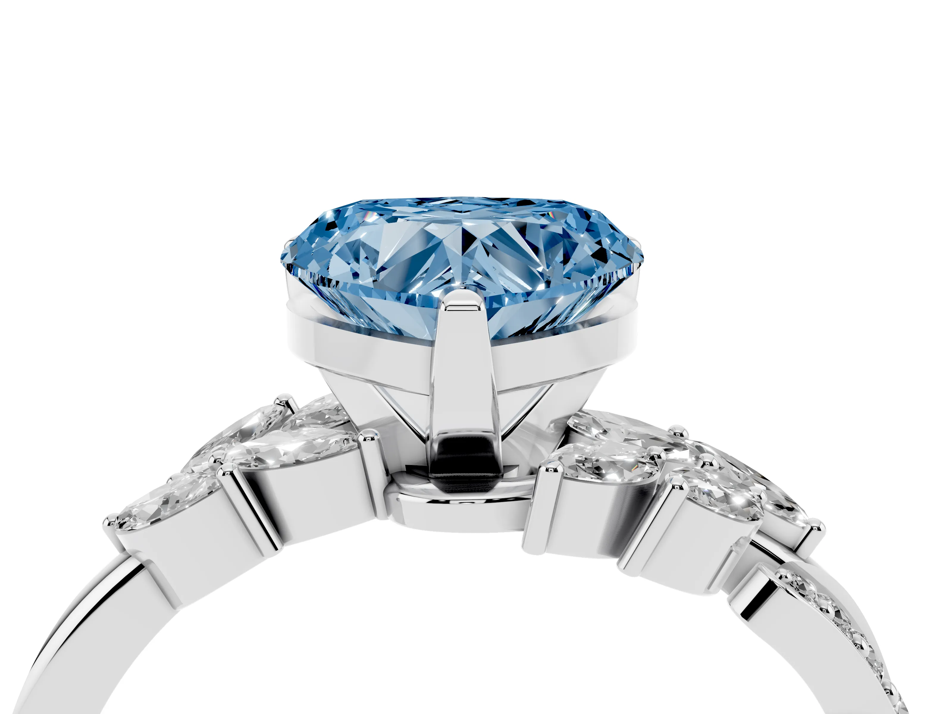 Fancy Blue Heart Cut Diamond Solitaire Ring Set in White gold with Marquise Twist Band and Prong Setting