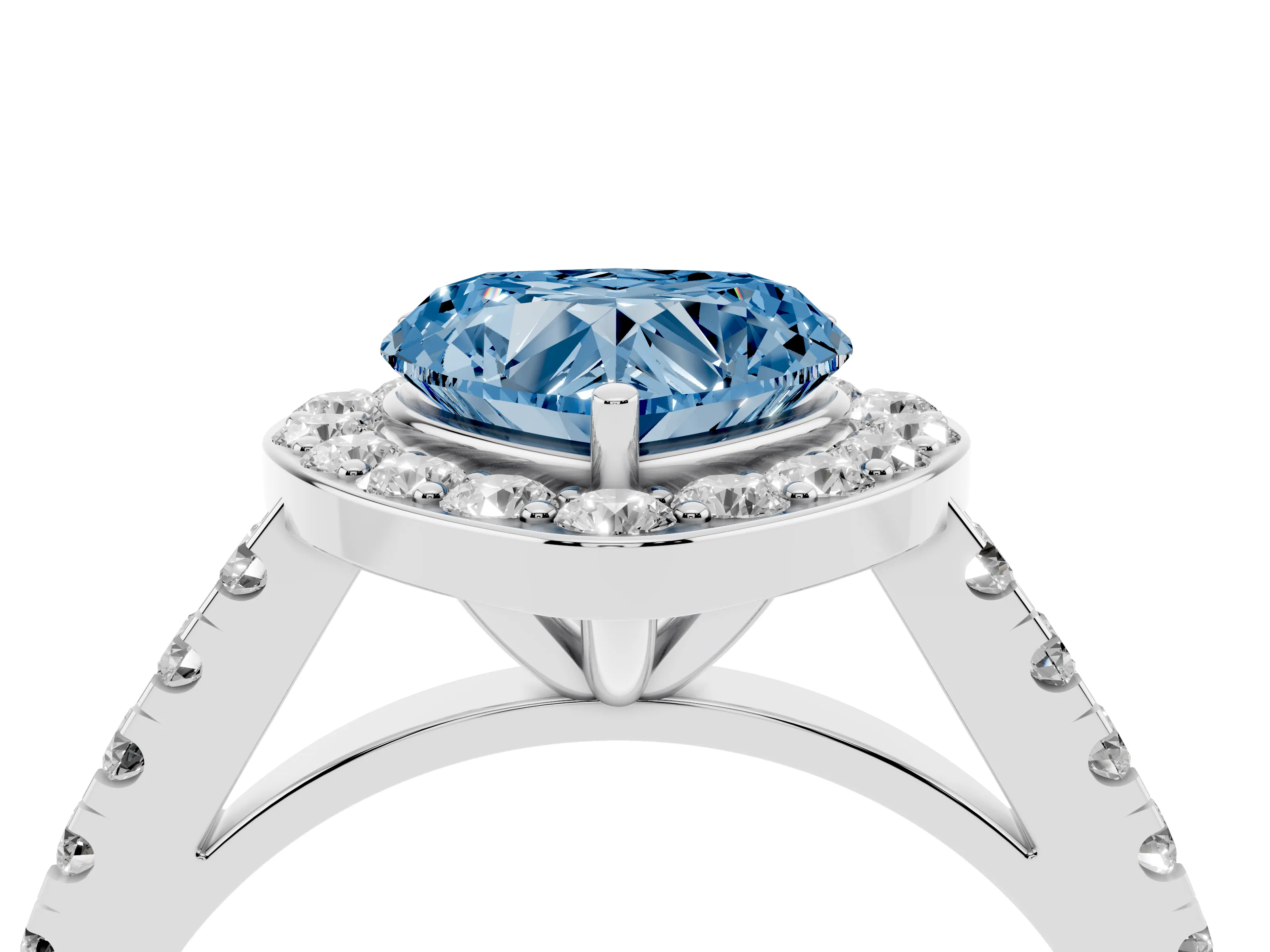 Fancy Blue Heart Cut Diamond Halo Ring Set in Silver with Round Pavé Split Shank and Prong Setting