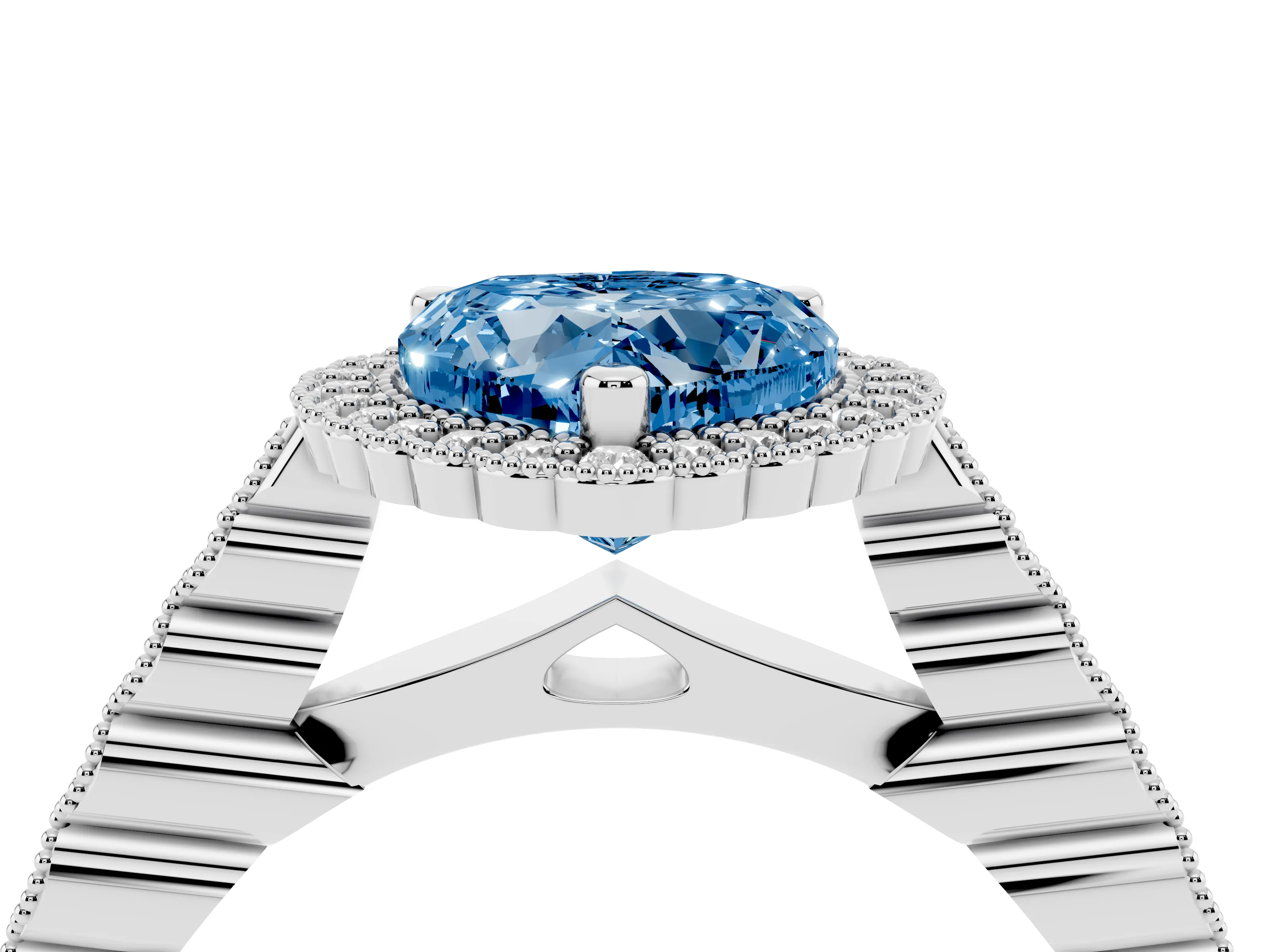 Fancy Blue Heart Cut Diamond Halo Ring Set in Platinum with Pavé Milgrain Band