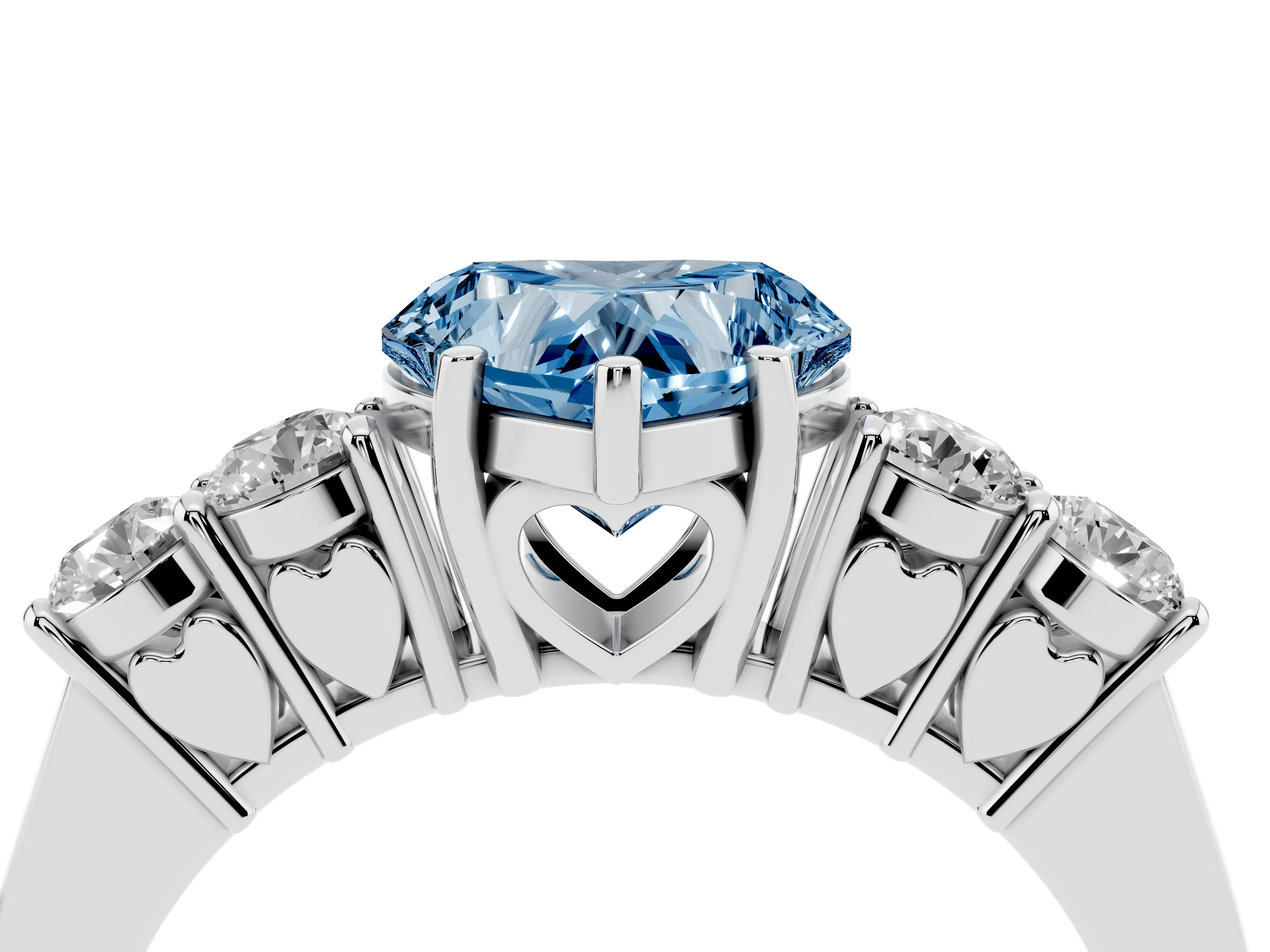 Fancy Blue Heart Cut Diamond Five-Stone Prong Set Band Ring Set in Silver with Polished Band