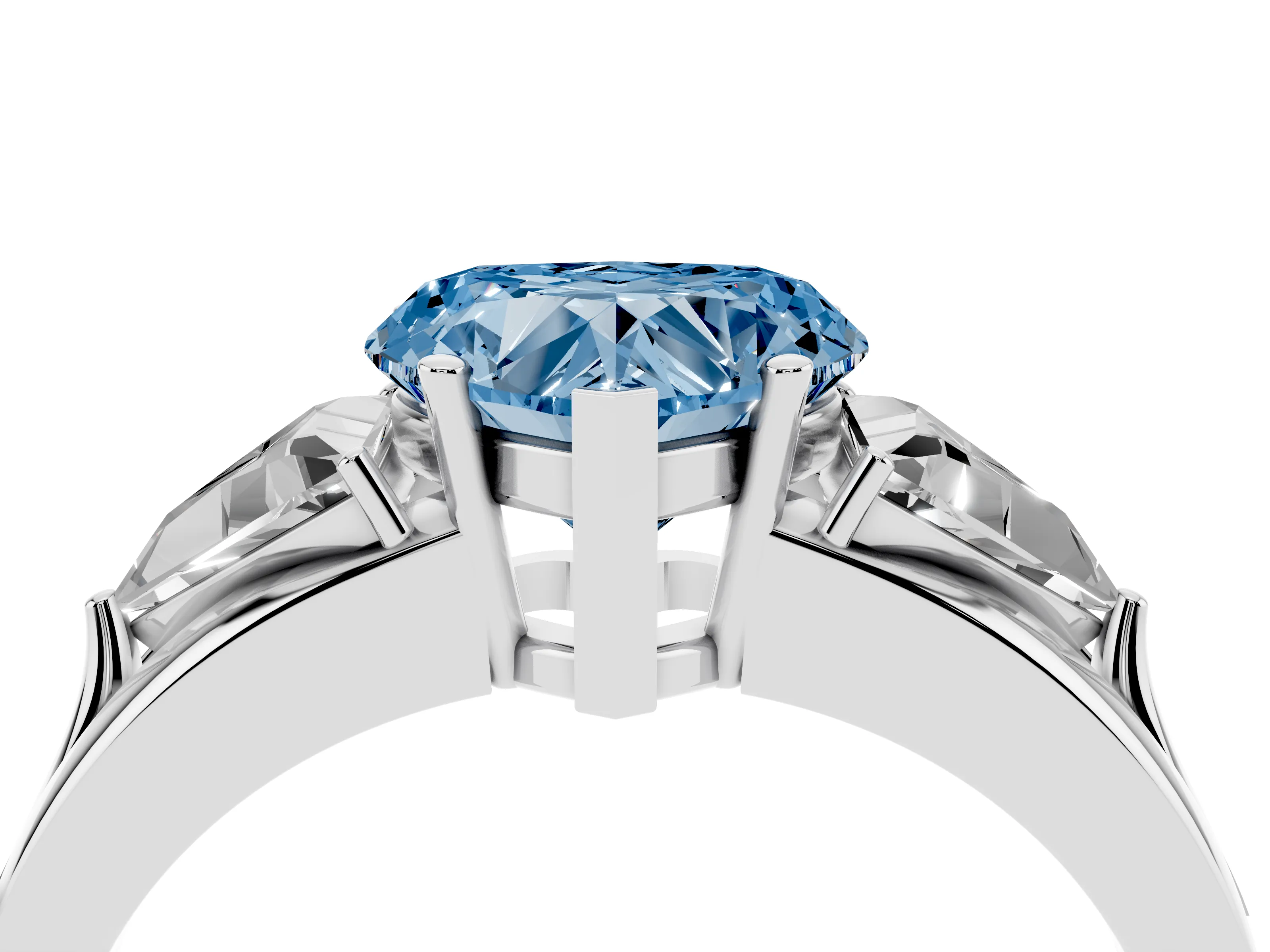 Fancy Blue Heart Cut Diamond Three-Stone Ring Set in Silver with Trillion Side Stones and Split Shank
