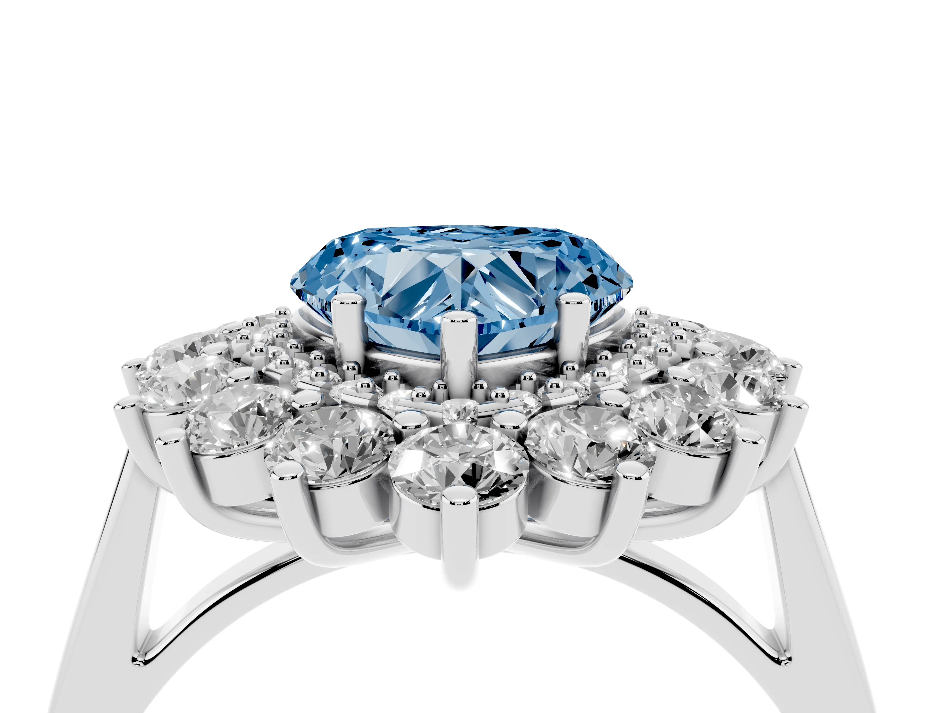 Fancy Blue Heart Cut Diamond Floral Double Halo Ring Set in Platinum with Round Petals